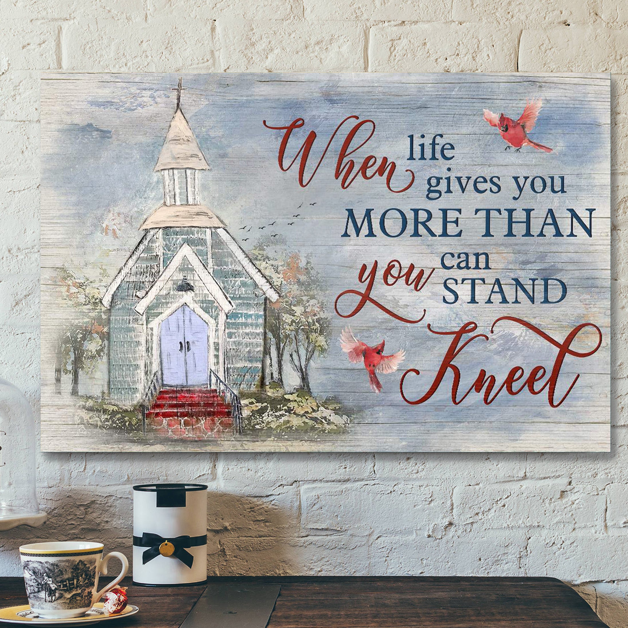 Church With Cardinal Bird – When Life Gives You More Than – Bible Verse Canvas – Scripture Canvas Wall Art