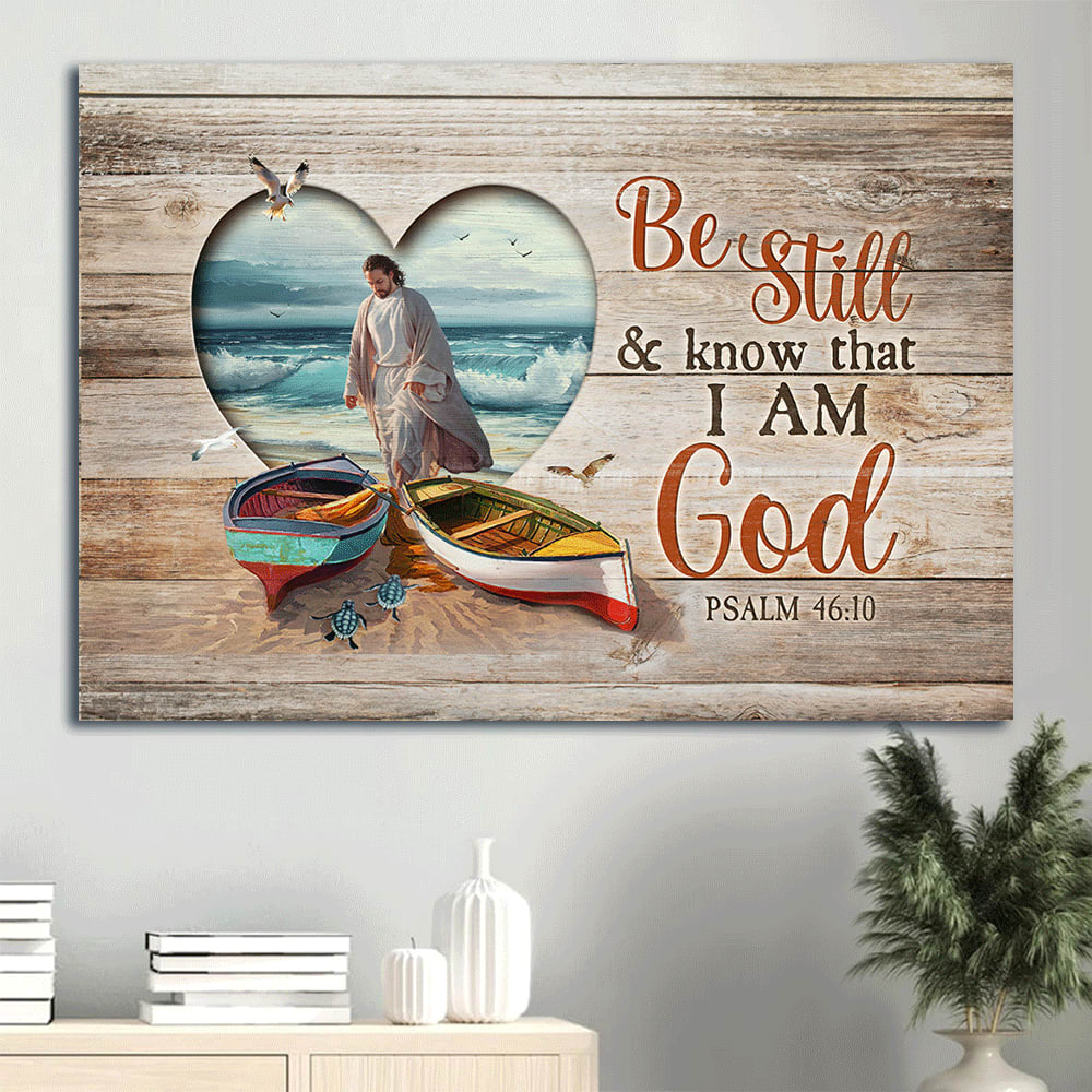 Colorful Boat Jesus Walking On Water Blue Sea Turtle Albatross Heart Be Still And Know That I Am God Canvas Wall Art – Christian Wall Decor