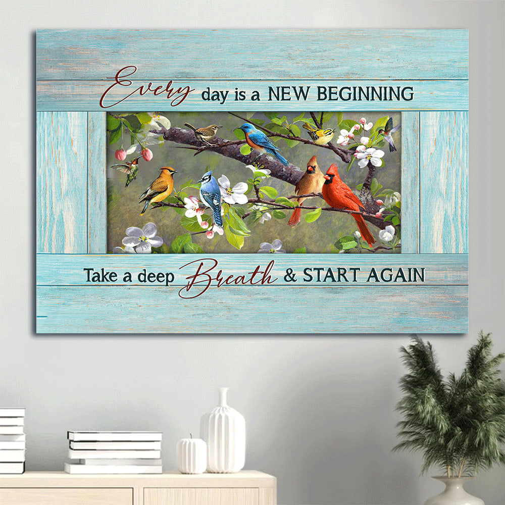 Colorful Cardinal Hummingbird Drawing Peach Blossom Every Day Is A New Beginning Take A Deep Breath And Start Again Canvas Wall Art – Christian Wall Decor