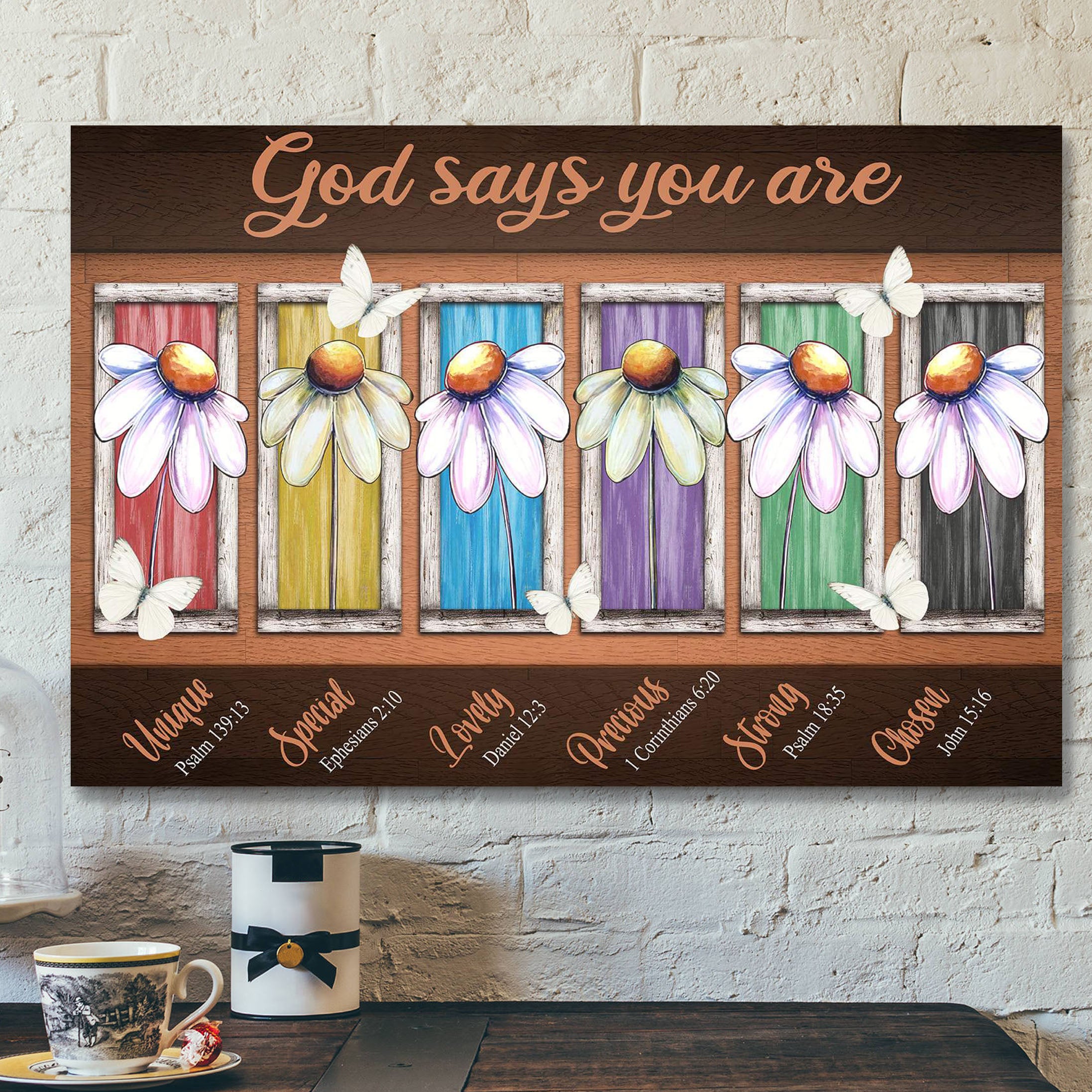 Colorful Daisy And White Butterfly – God Says You Are – Bible Verse Canvas – Scripture Canvas Wall Art