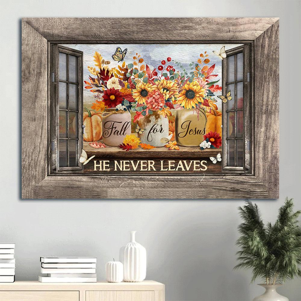 Colorful Flower Pumpkin Painting Colorful Butterfly Wooden Window Frame Fall For Jesus He Never Leaves Canvas Wall Art – Christian Wall Decor