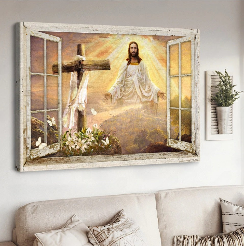 Come To Jesus Beautiful Sunset Cross Lily Garden Canvas Wall Art – Jesus Canvas Pictures – Christian Wall Posters