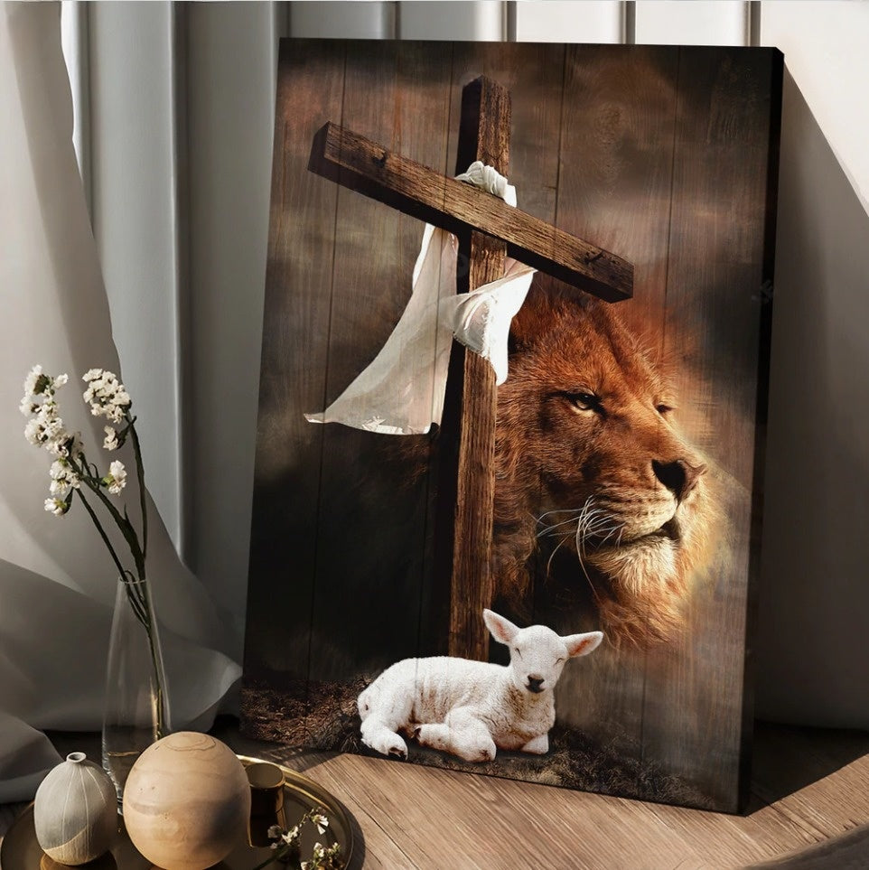 Cross Lion Drawing Lamb Of God King Of Kings Canvas Posters – Christian Wall Posters – Religious Wall Decor