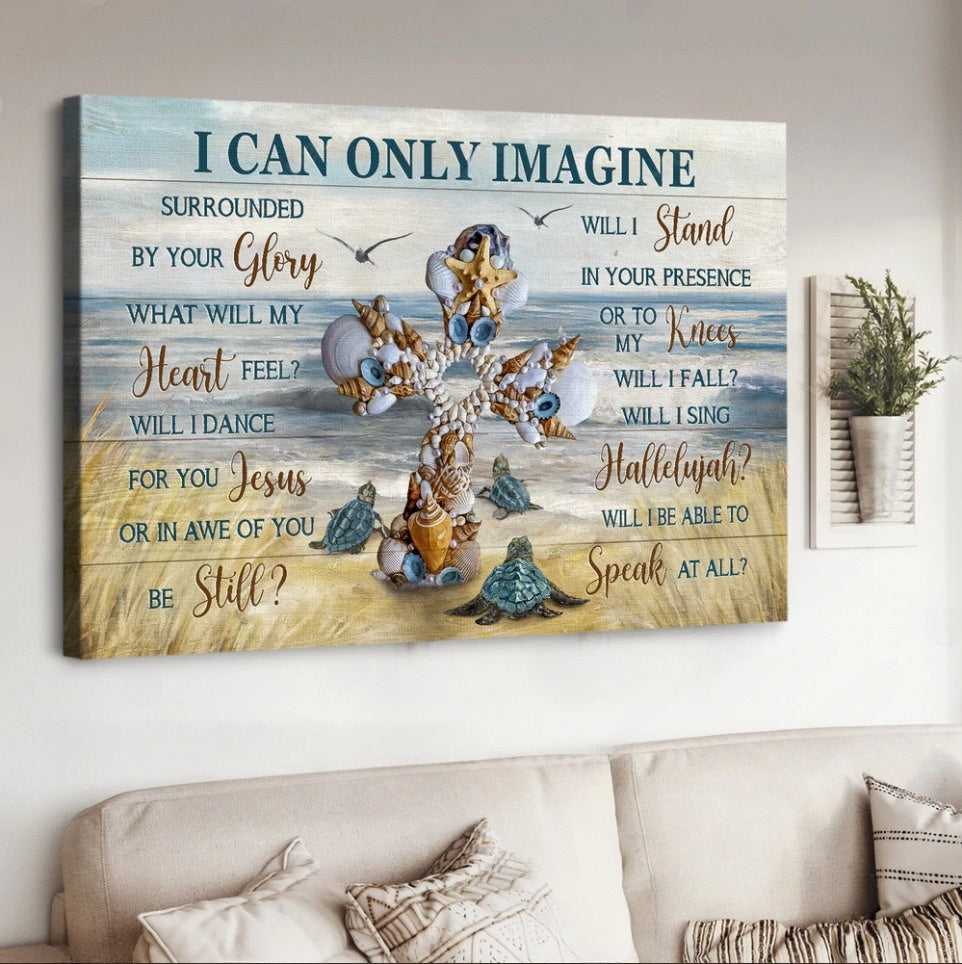 Cross Sea Turtle Seagull Beach Painting I Can Only Imagine Canvas Wall Art – Christian Poster – Religious Wall Decor