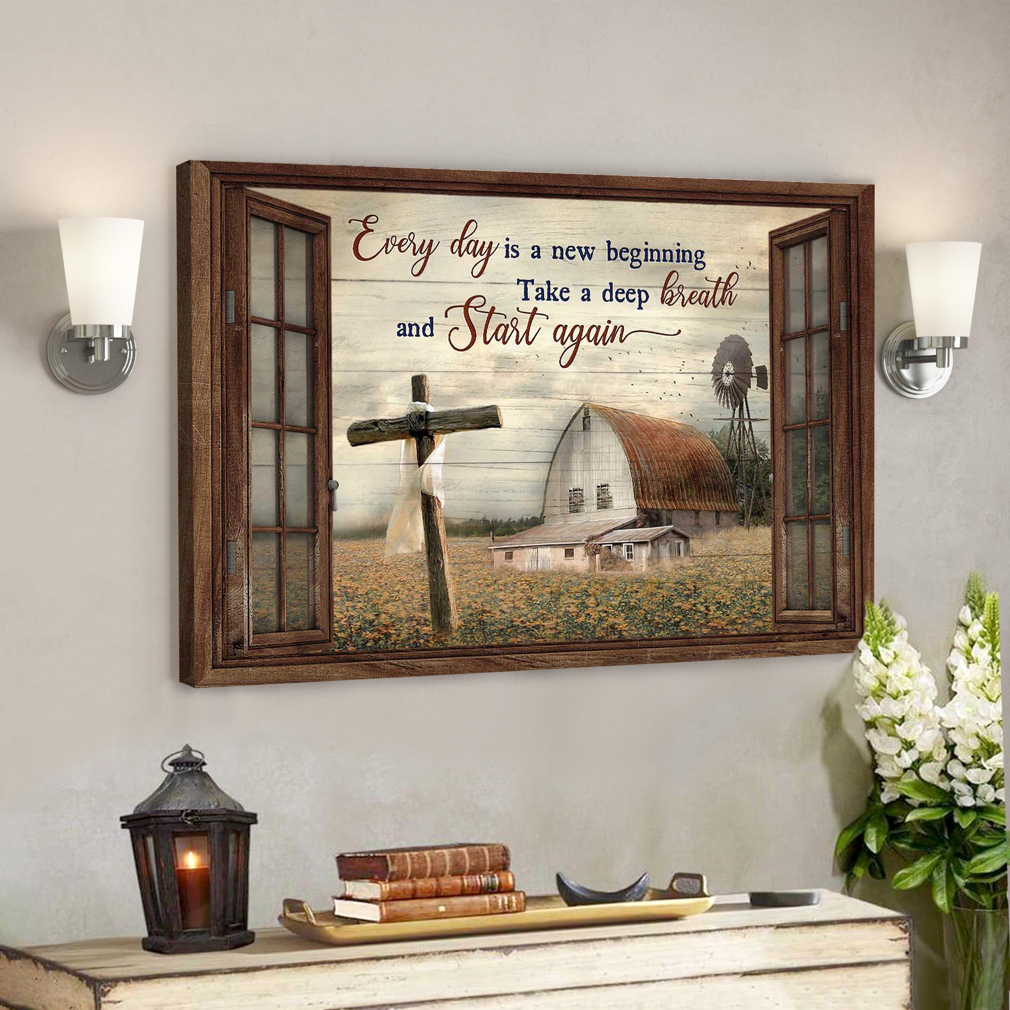 Cross With Tranquil Farm – Everyday Is A New Beginning- Bible Verse Canvas – Scripture Canvas Wall Art