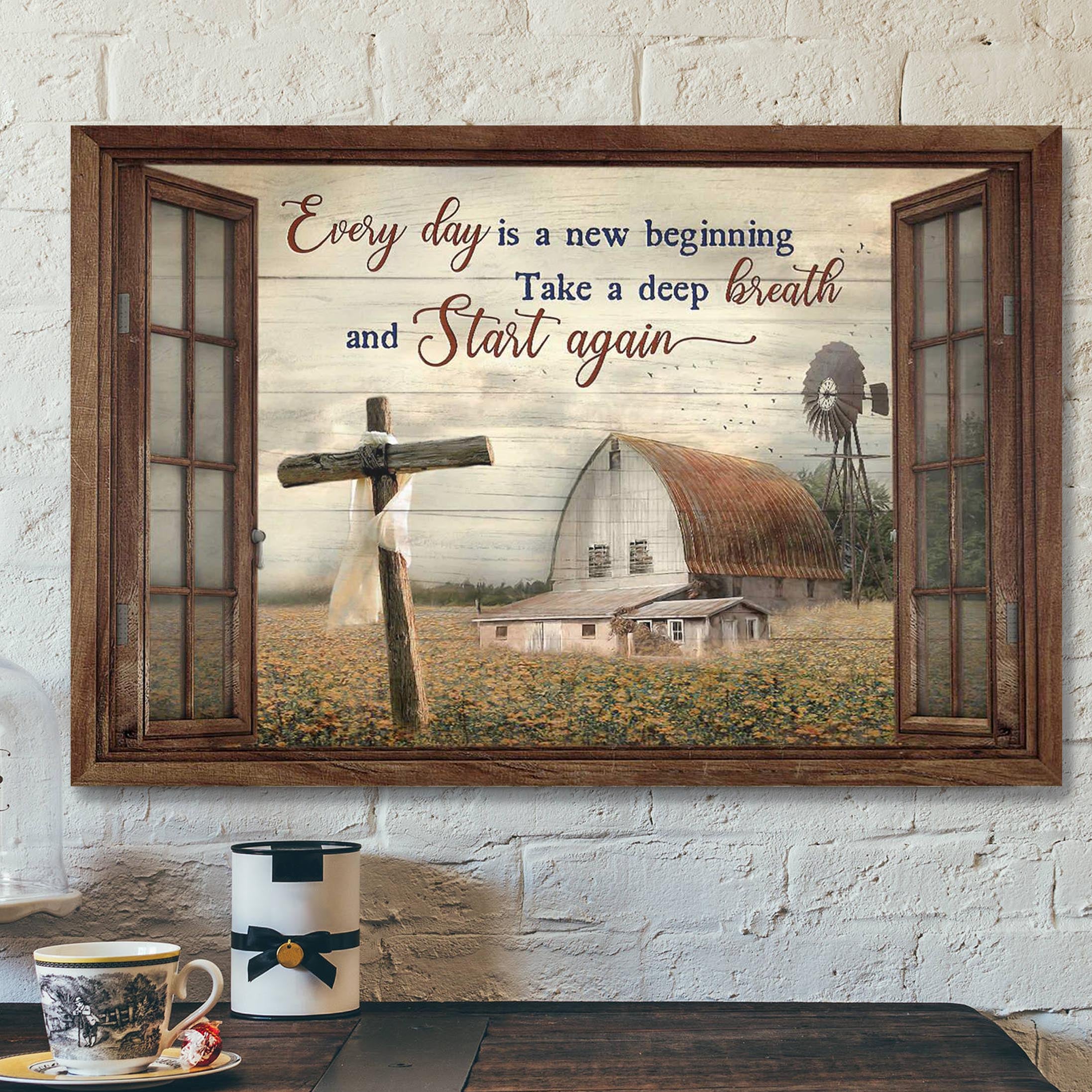 Cross With Tranquil Farm – Everyday Is A New Beginning- Bible Verse Canvas – Scripture Canvas Wall Art