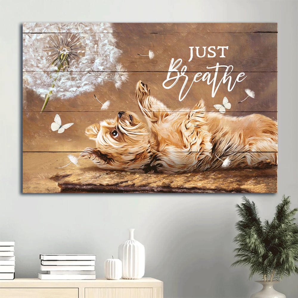 Cute Little Yorkshire Terrier Dandelion Just Breath Yorkshire Canvas Wall Art – Christian Wall Decor