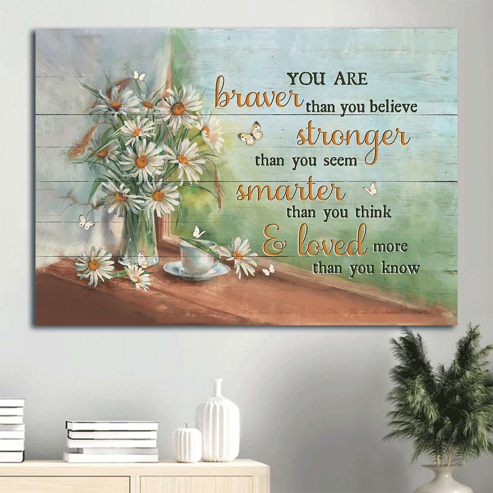 Daisy Drawing Tea Cup Green Background White Butterfly Canvas You Are Braver Than You Believe Canvas Wall Art – Christian Wall Decor