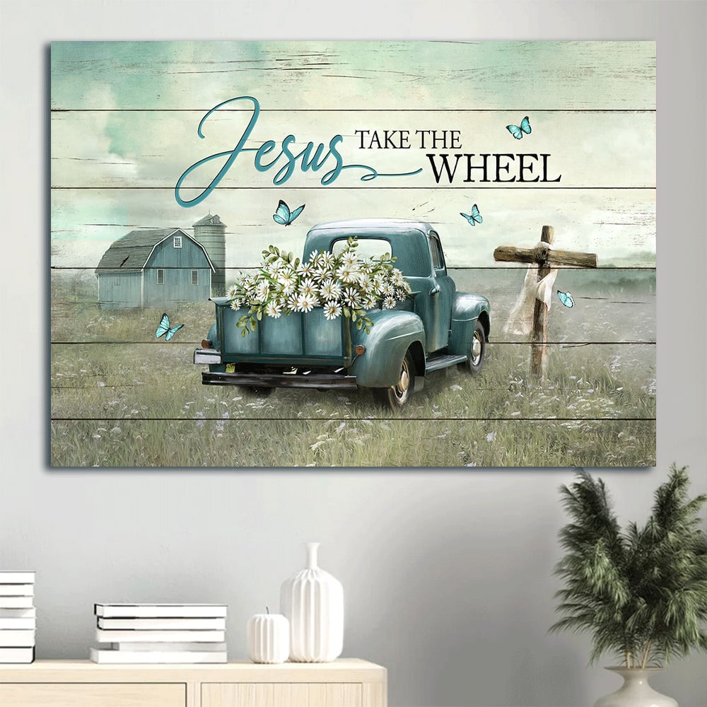 Daisy Field Ladybug Car Wooden Cross Blue Butterfly Canvas Jesus Take The Wheel Canvas Wall Art – Christian Wall Decor