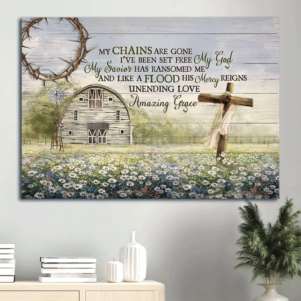 Daisy Field Wooden Cross Tranquil Farm Windmill Canvas My Chains Are Gone I’ve Been Set Free Canvas Wall Art – Christian Wall Decor