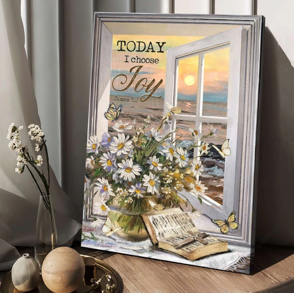 Daisy Flower Bible Cross Symbol Beach View Jesus Painting – Today I Choose Joy Canvas Posters – Christian Wall Posters – Religious Wall Decor