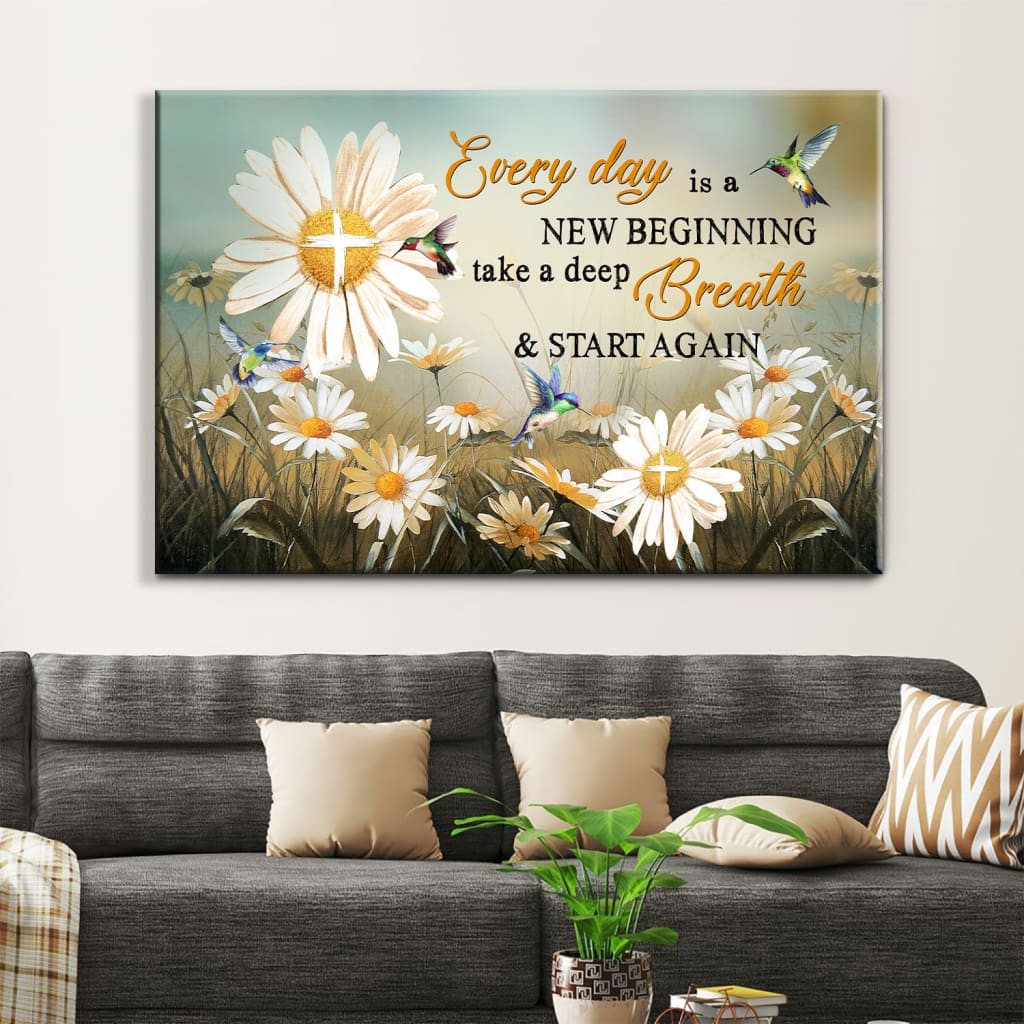 Daisy Flower, Every Day Is A New Beginning Christian Wall Art Canvas – Religious Wall Decor