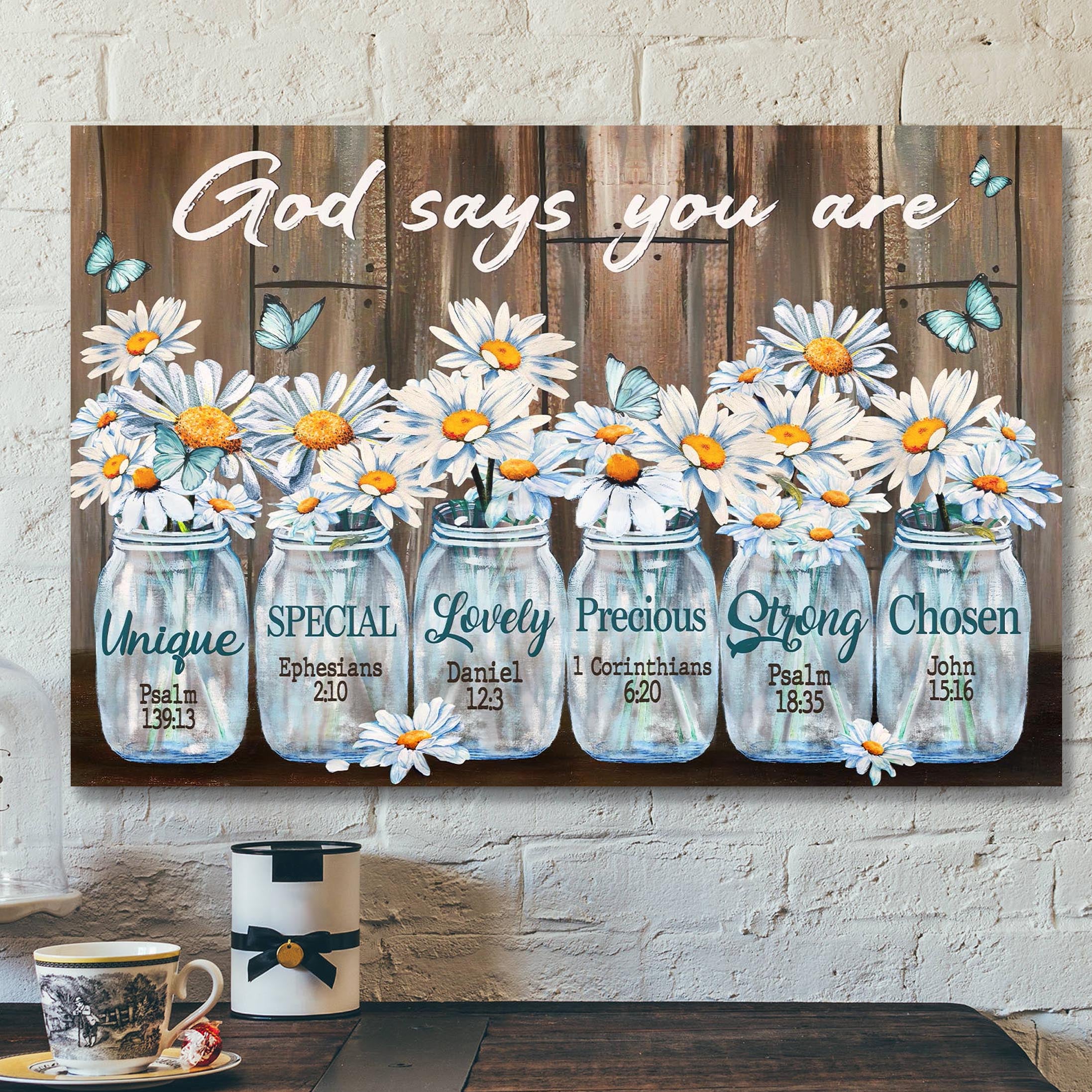 Daisy Flower In Glass Jar – God Says You Are Canvas Wall Art – Bible Verse Canvas – Scripture Canvas Wall Art