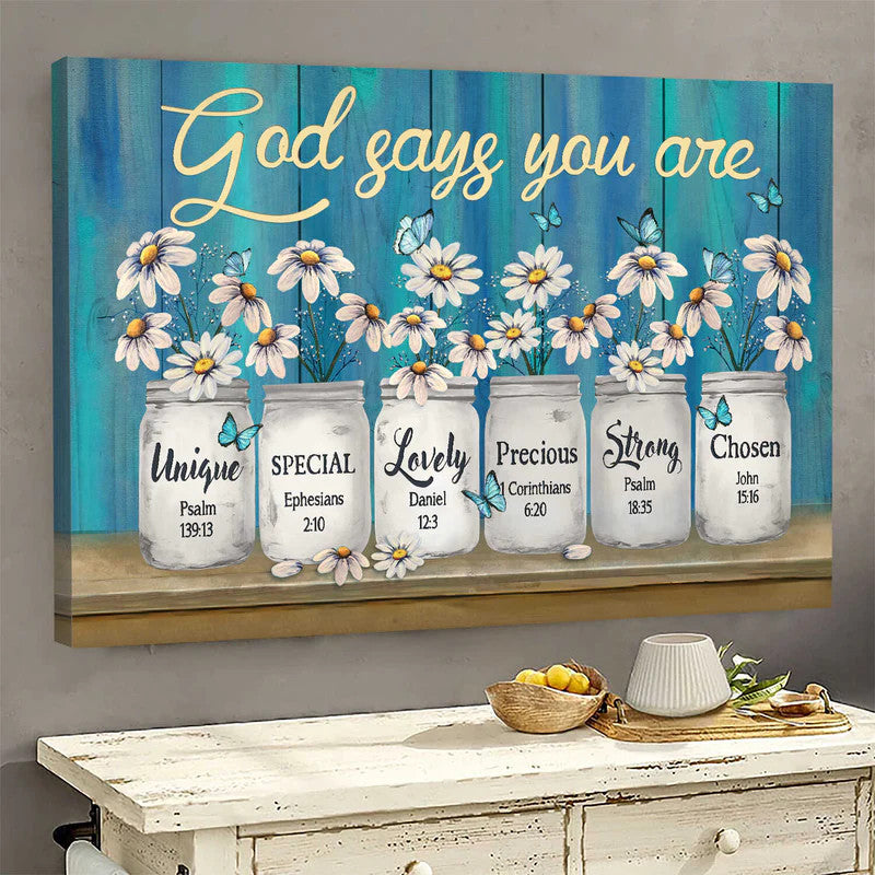 Daisy Flower Manson Jars Blue Background Canvas God Says You Are Canvas Wall Art – Christian Wall Decor