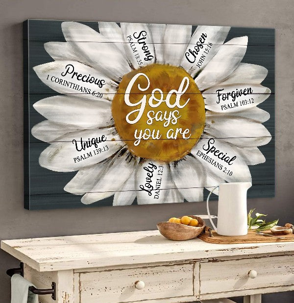 Daisy Flower Painting God Says You Are Canvas Wall Art – Christian Poster – Religious Wall Decor