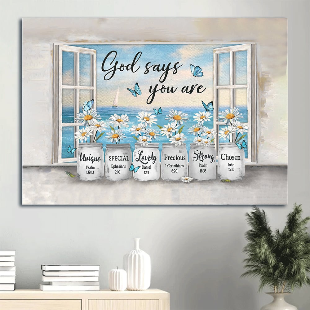 Daisy Flower Window Frame Sea Painting Blue Butterfly Canvas God Says You Are Canvas Wall Art – Christian Wall Decor