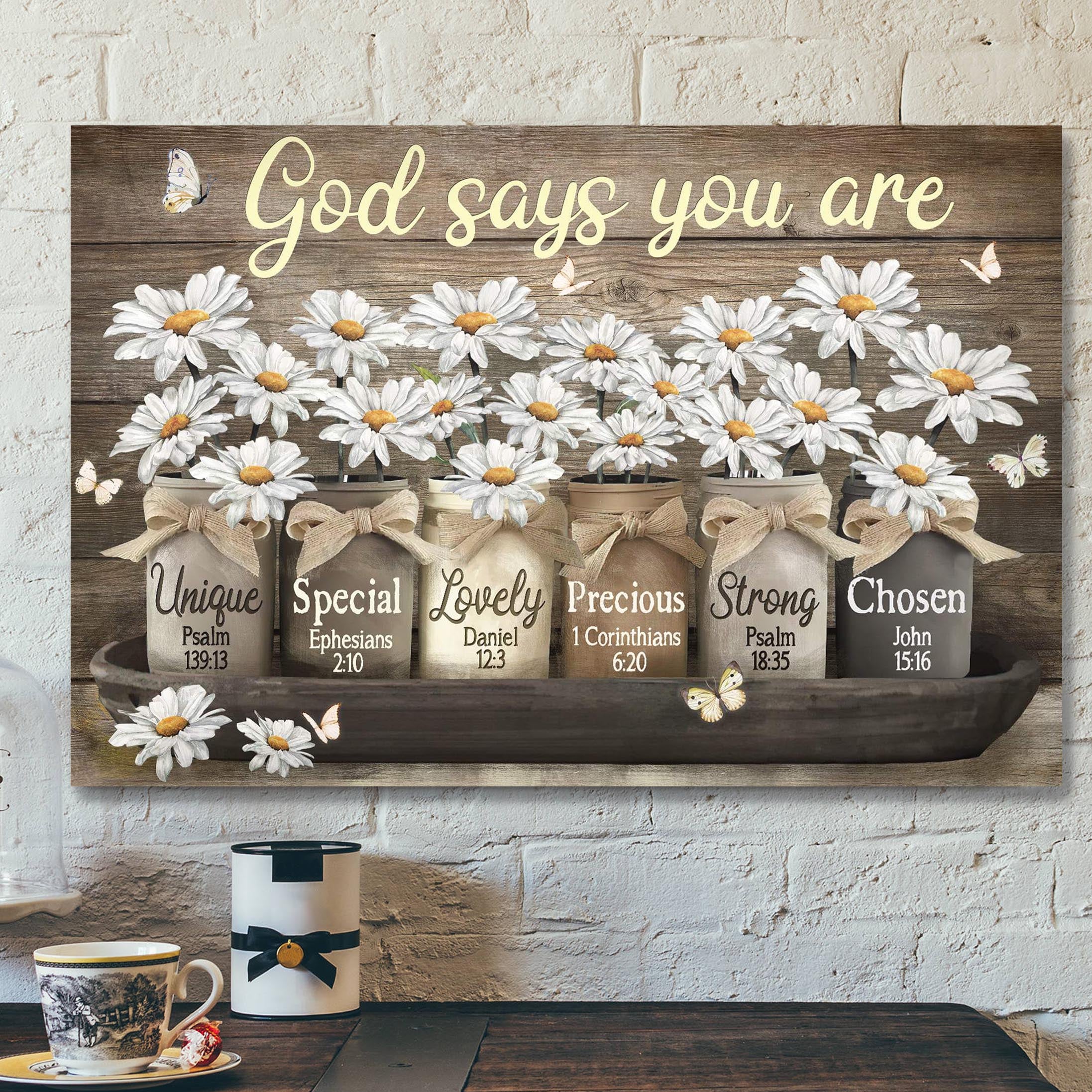 Daisy Jar – God Says You Are Canvas Wall Art – Bible Verse Canvas – Scripture Canvas Wall Art