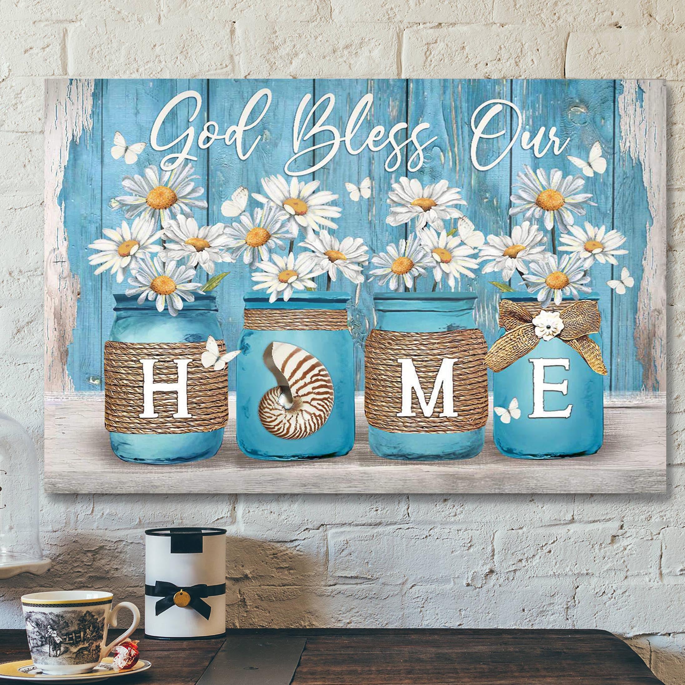 Daisy Jar On Blue Background – God Bless Our Home Canvas Wall Art – Bible Verse Canvas – Scripture Canvas Wall Art