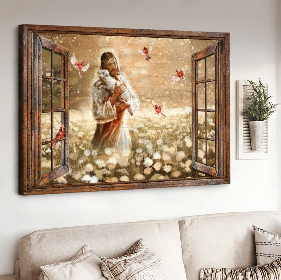 Dandelion Field Jesus Holding Lamb Cardinal Canvas Wall Art – Jesus Canvas Pictures – Christian Wall Posters