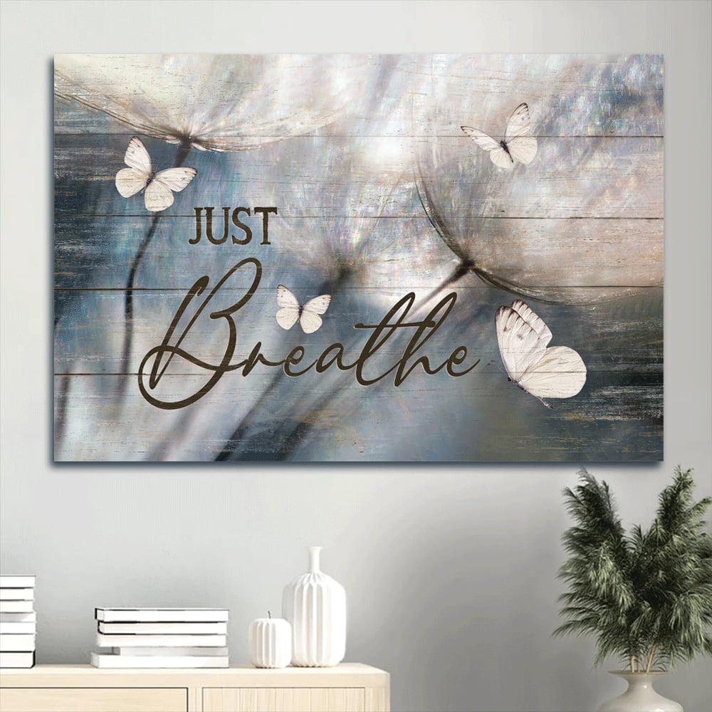 Dandelion Painting White Butterfly Vintage Drawing Just Breathe Canvas Wall Art – Christian Wall Decor