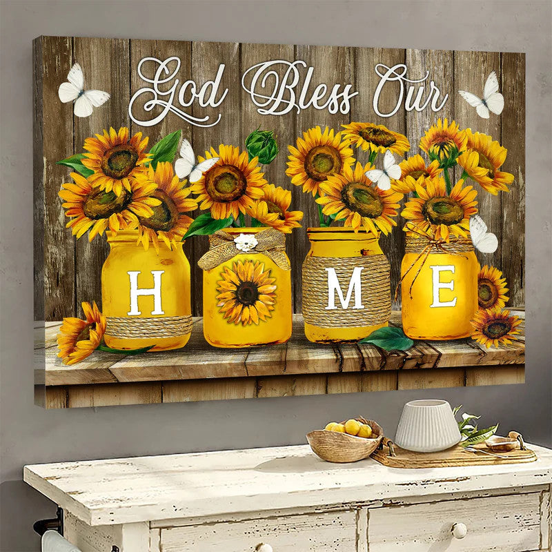 Dark Yellow Sunflower Butterfly Painting Canvas God Bless Our Home Canvas Wall Art – Christian Wall Decor