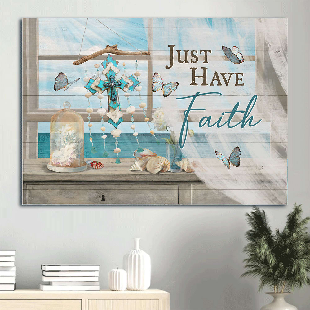 Deep Ocean Colorful Cross Summer Vibe Blue Butterfly Canvas Just Have Faith Canvas Wall Art – Christian Wall Decor