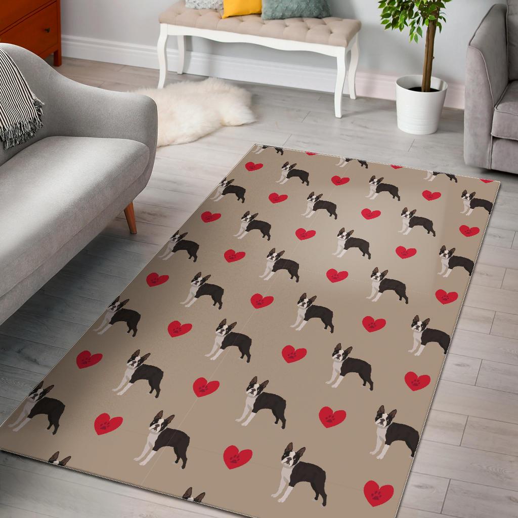 Deschea Boston Terrier Heart Paw Pattern Print Area Rug