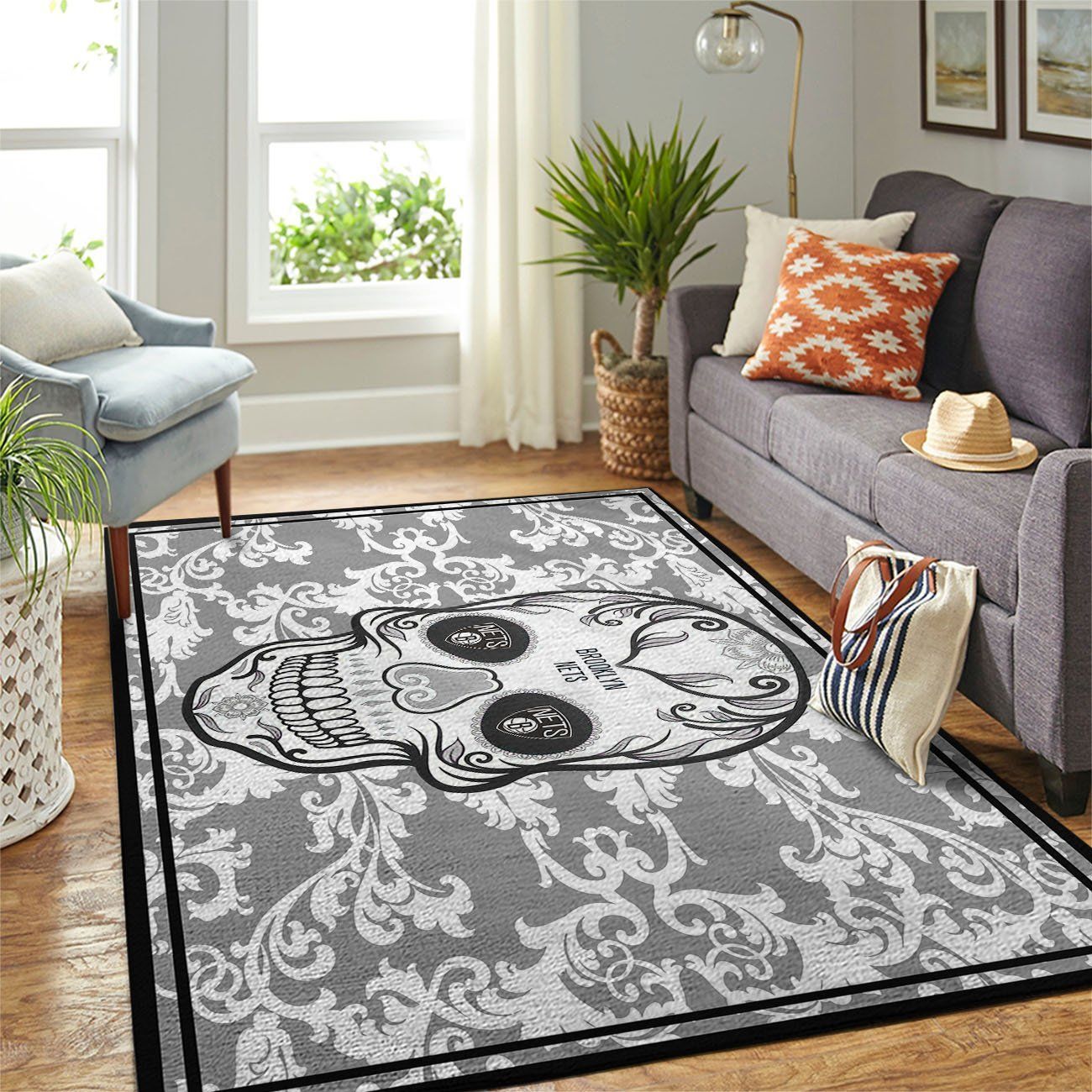 Deschea Brooklyn Nets Nba Area Rugs Skull Flower Style Sports