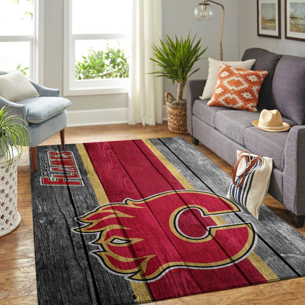 Deschea Calgary Flames Nhl Team Logo Area Rugs Wooden Style Sports