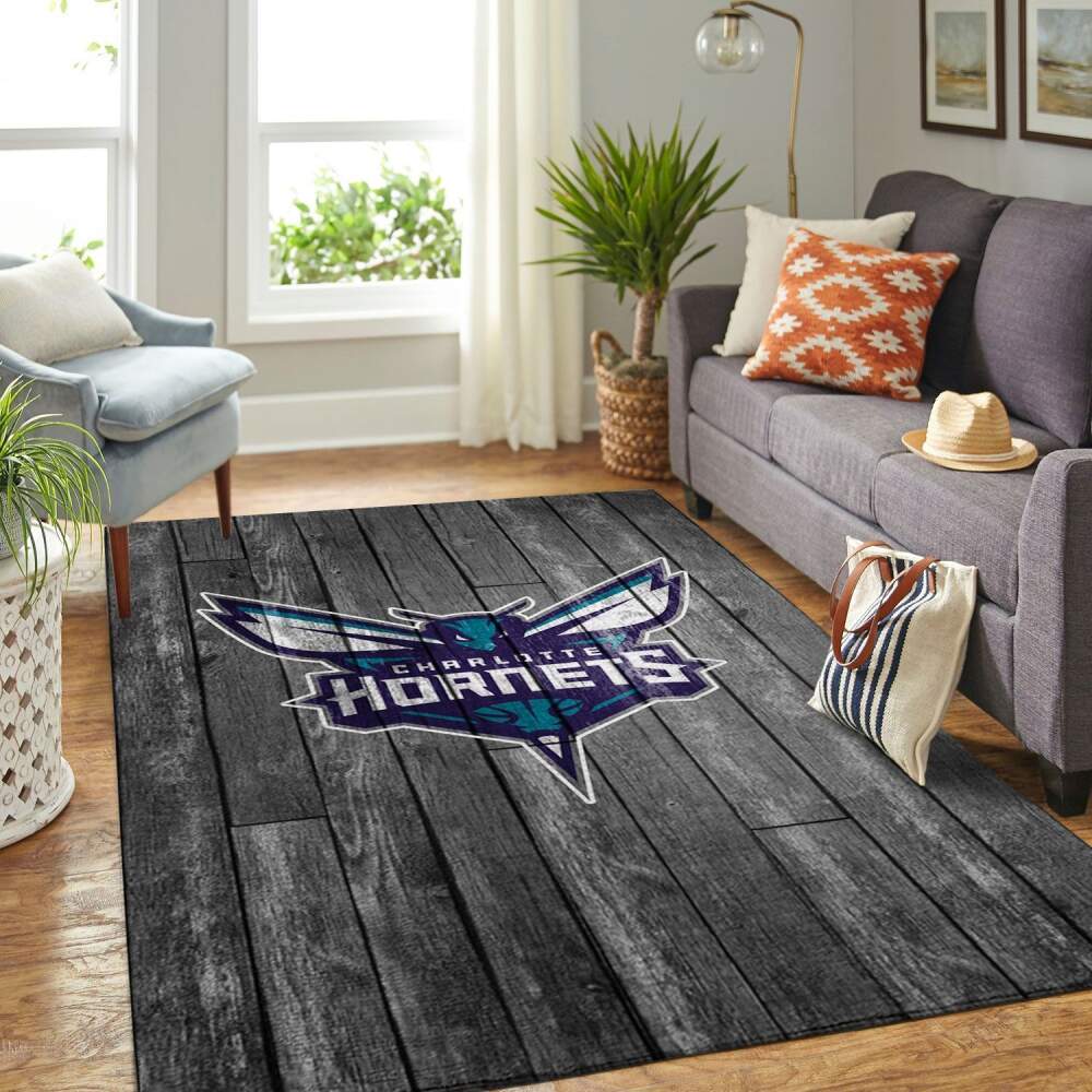 Deschea Charlotte Hornets Nba Area Rugs Basketball Team Logo Gray Wooden