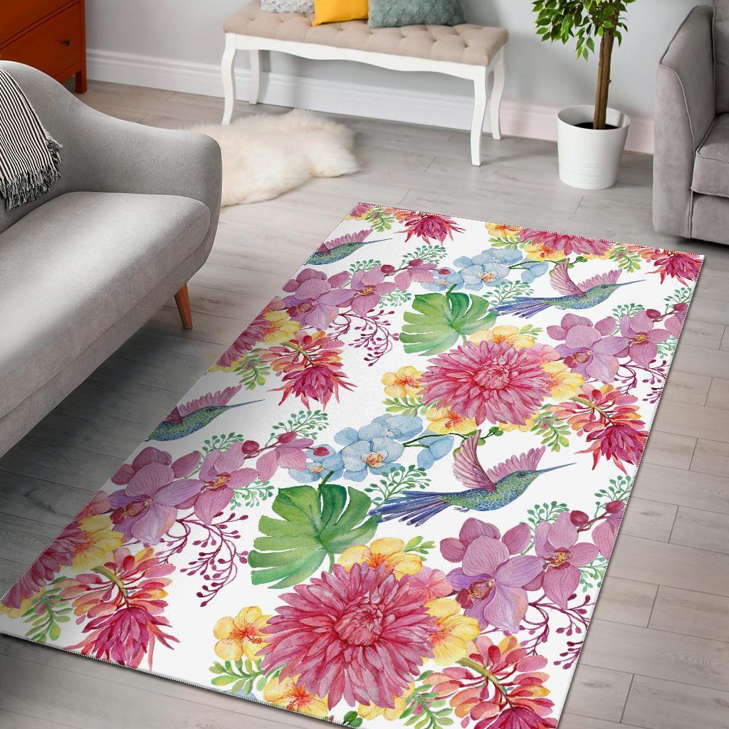 Deschea Hummingbird White Floral Drawing Area Rug