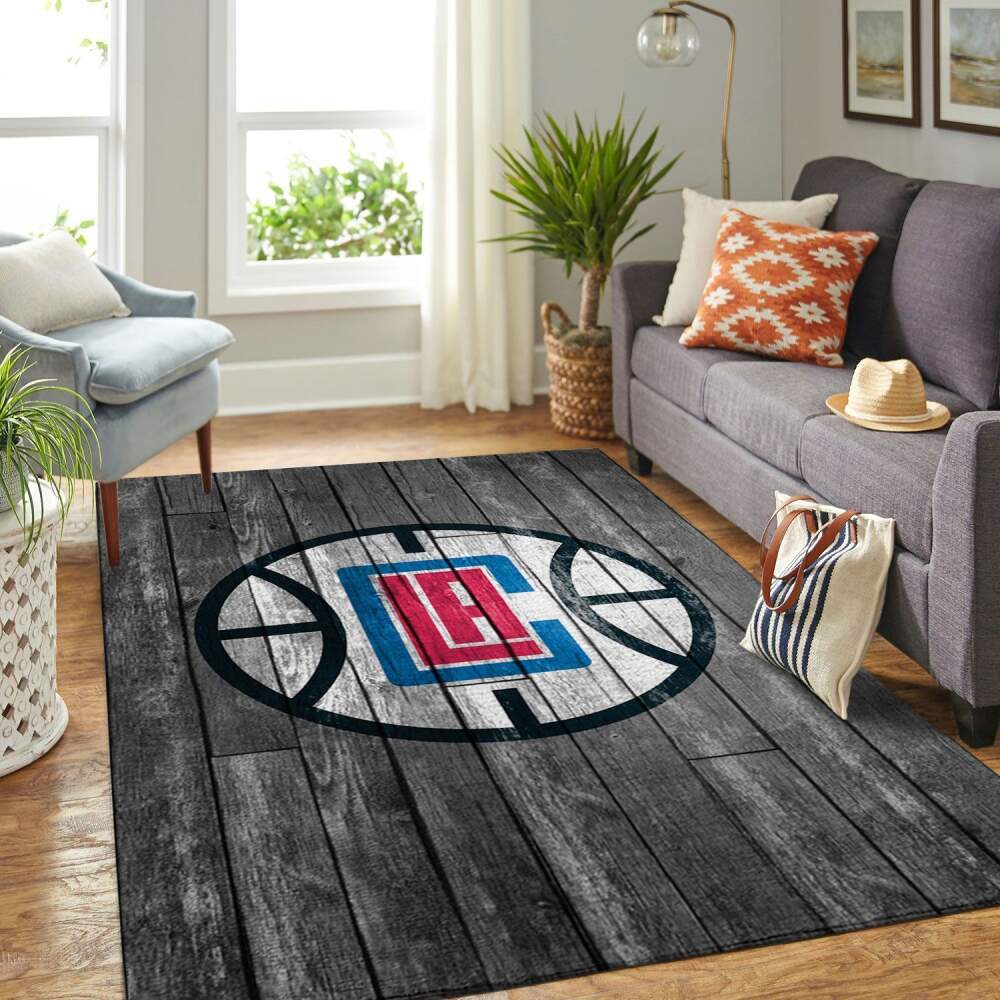 Deschea La Clippers Nba Area Rugs Basketball Team Logo Gray Wooden