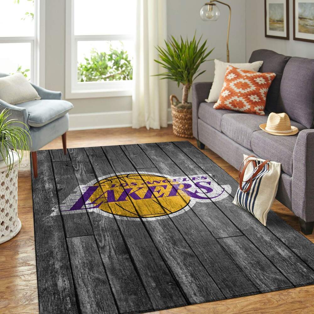 Deschea Los Angeles Lakers Nba Team Logo Grey Area Rugs Wooden Style Sports