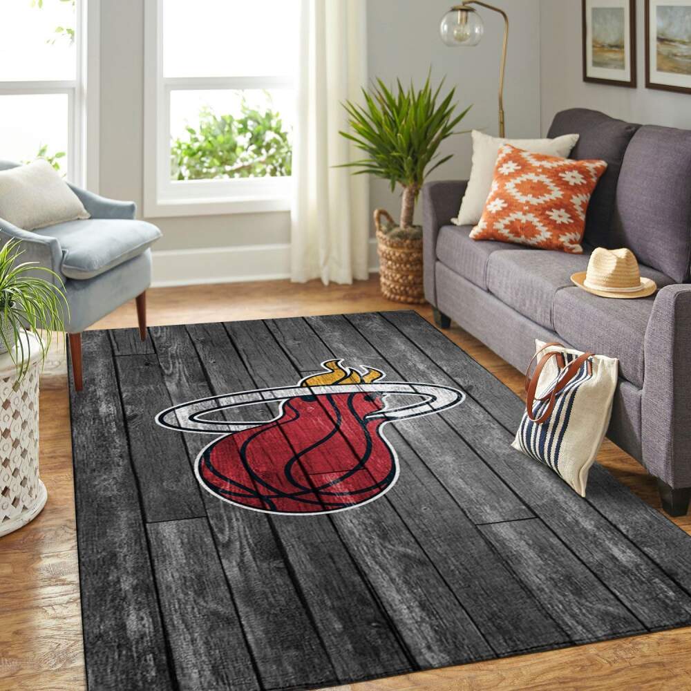 Deschea Miami Heat Nba Area Rugs Basketball Team Logo Gray Wooden