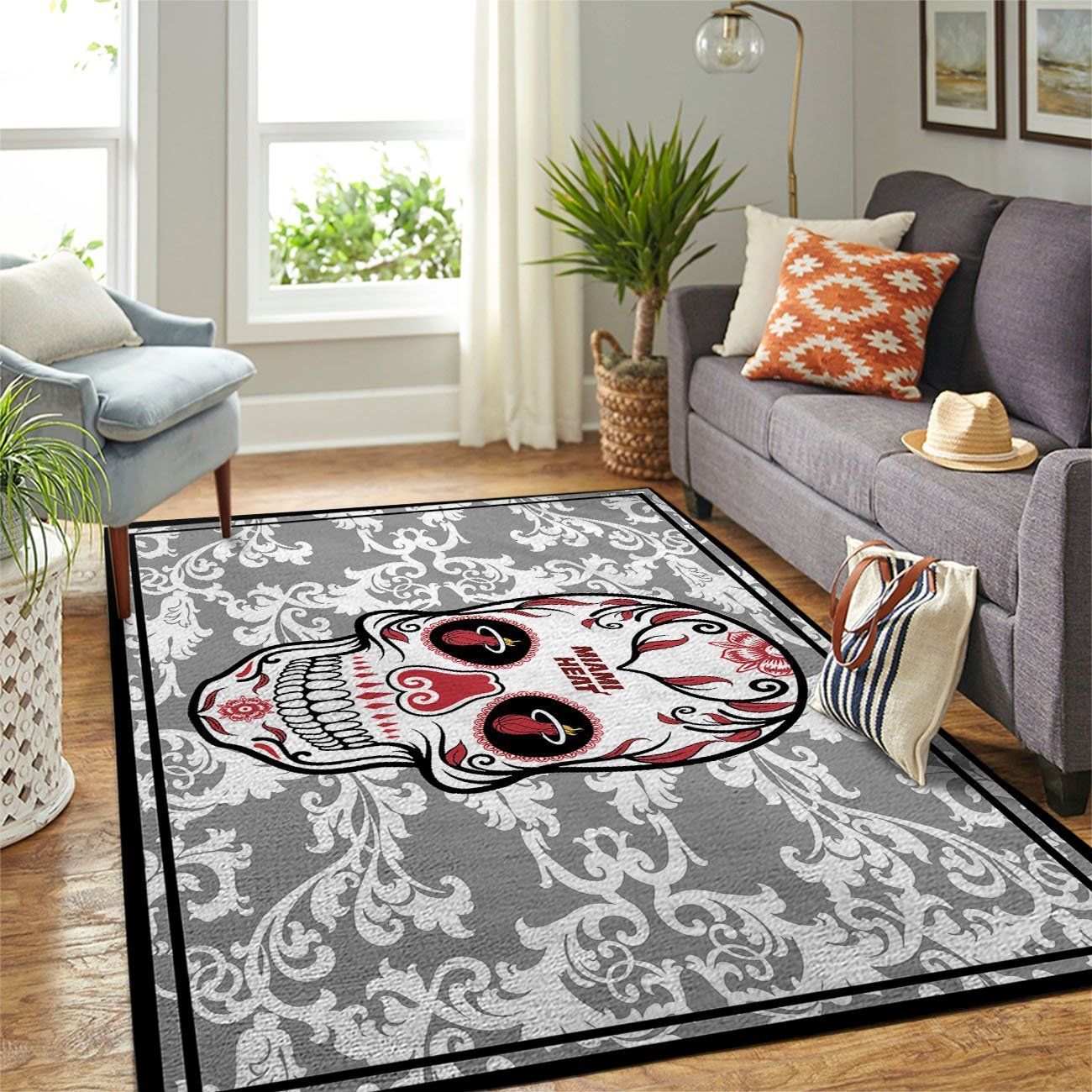 Deschea Miami Heat Nba Area Rugs Skull Flower Style Sports