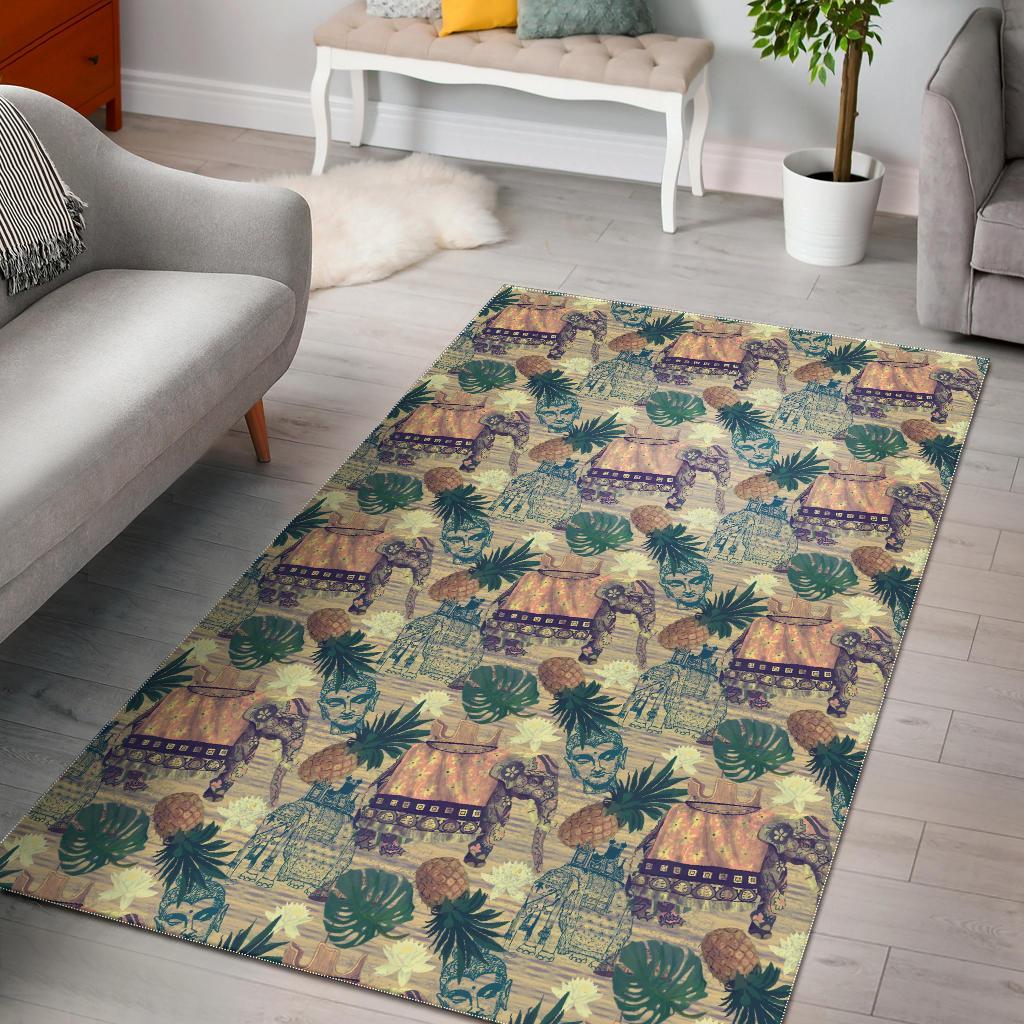 Deschea Tropical Pineapple Buddha Elephant Print Area Rug