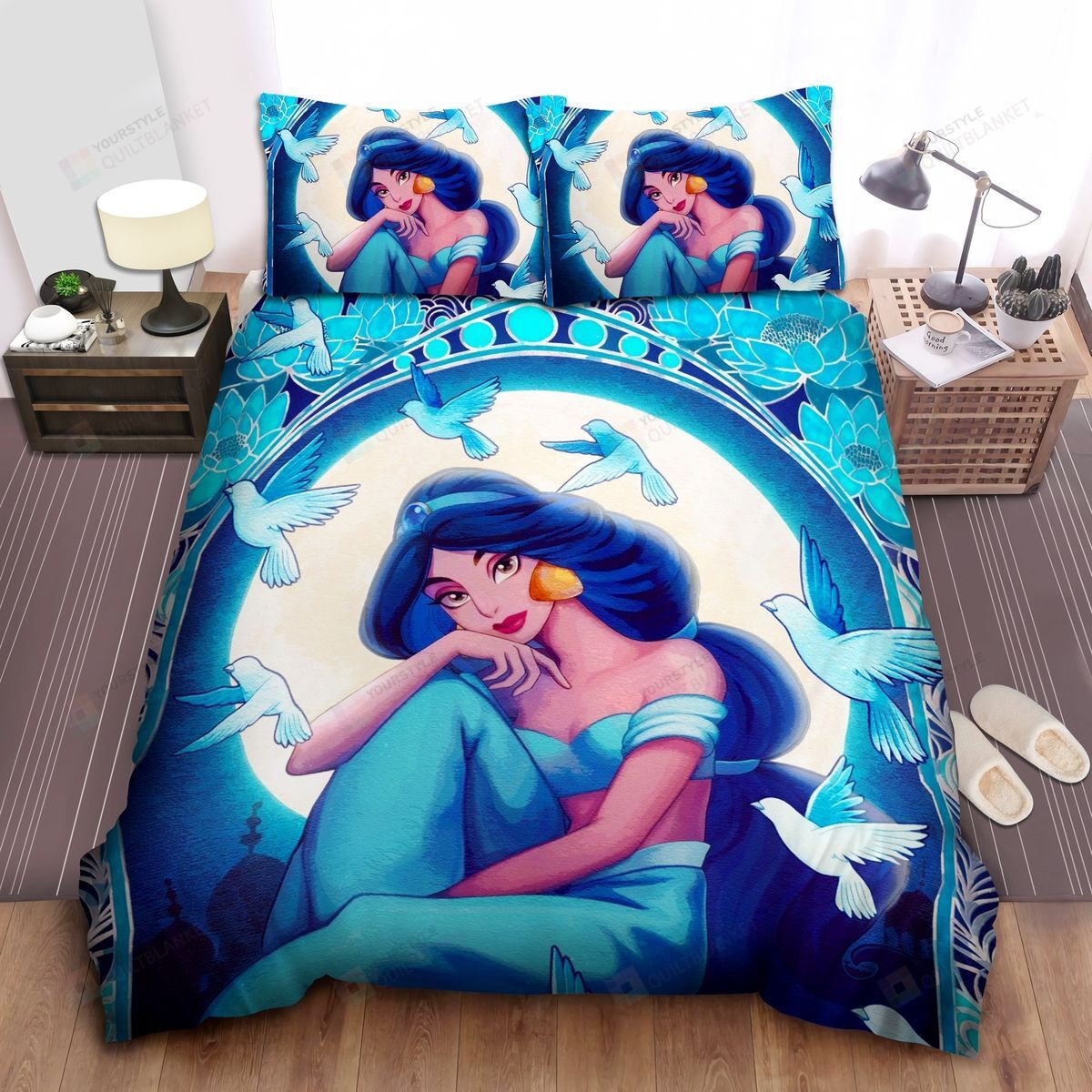 Disney Princess Jasmine And Blue Birds Under The Moon Light Bed Sheets Spread Comforter Duvet Cover Bedding Sets