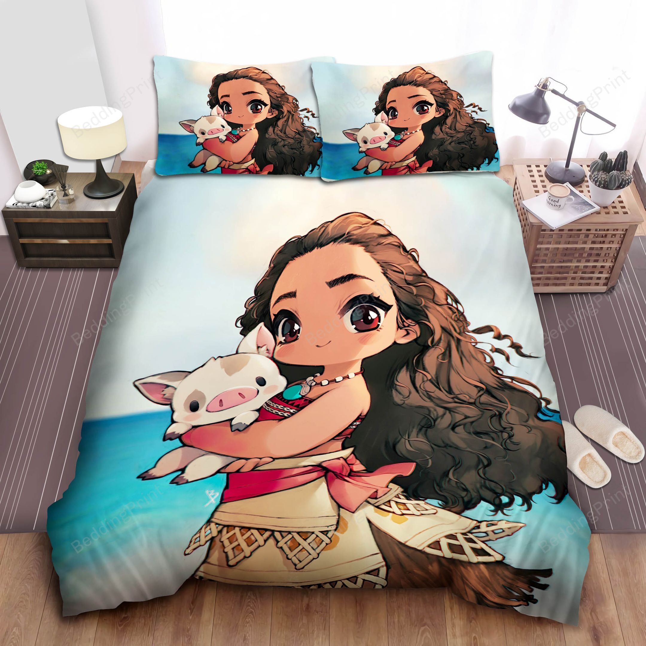 Disney Princess Moana With Cute Pig Chibi Style Bed Sheet Duvet Cover Bedding Sets
