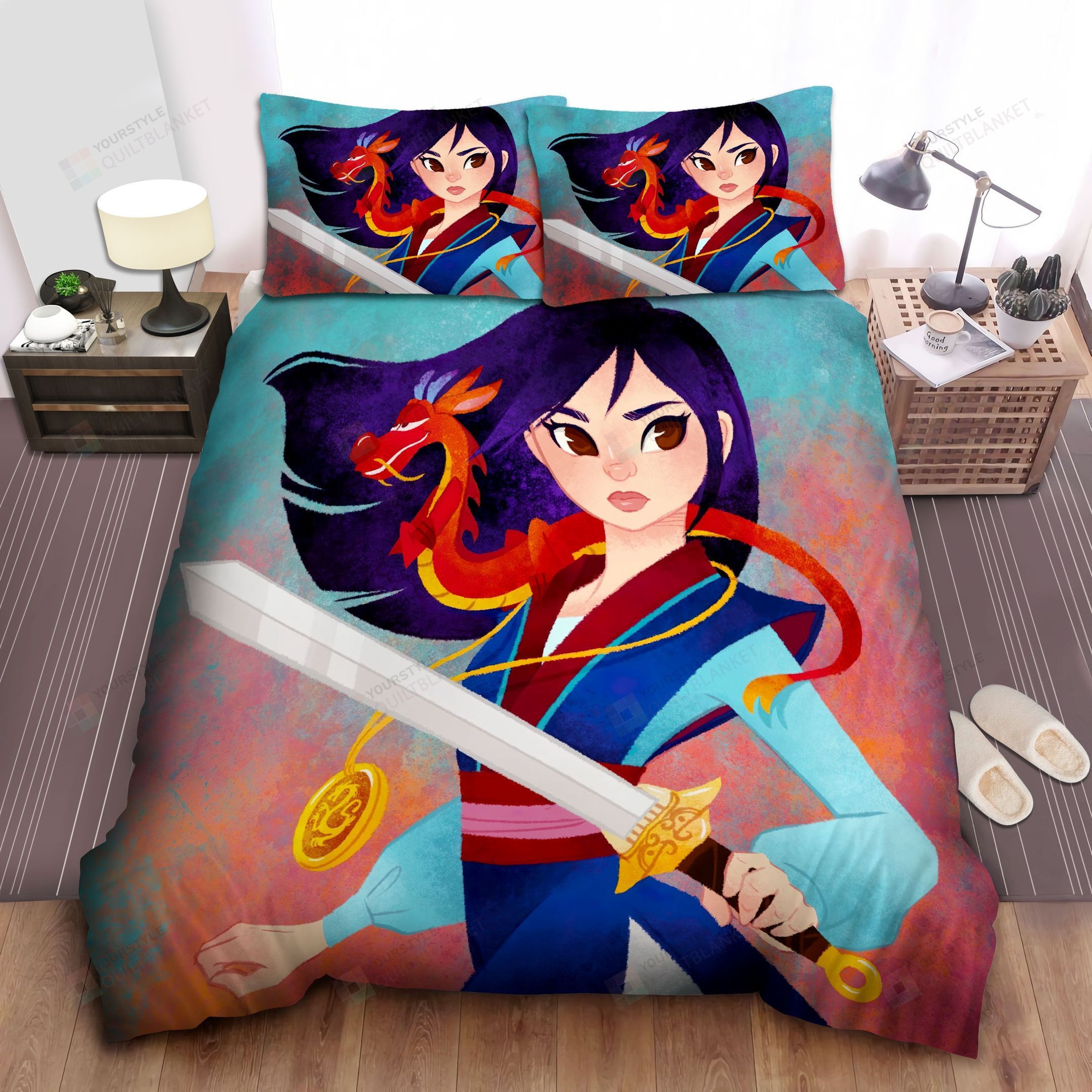 Disney Princess Mulan & Mushu Illustration Bed Sheets Spread Comforter Duvet Cover Bedding Sets
