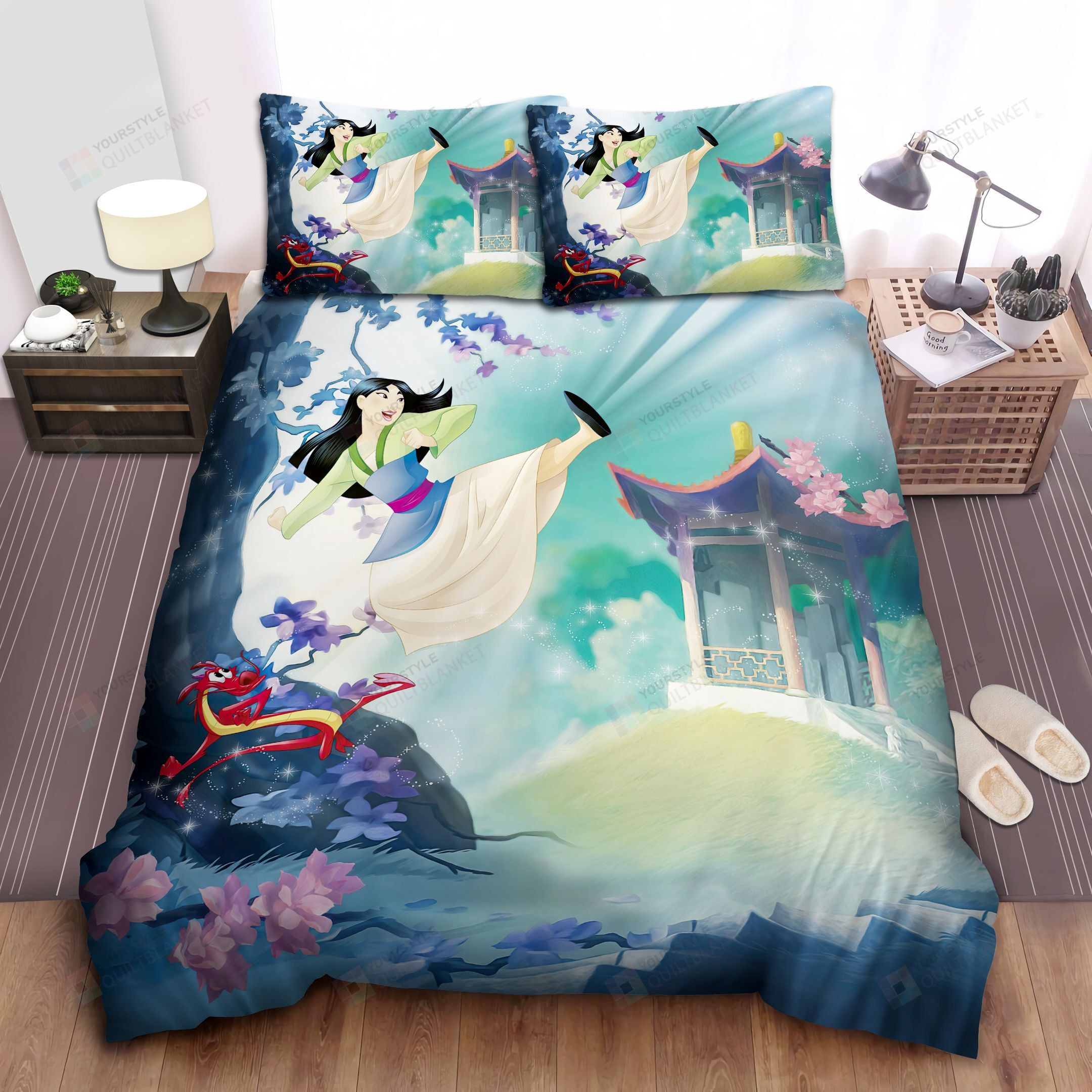 Disney Princess Mulan & Mushu Practicing Martial Arts Bed Sheets Duvet Cover Bedding Sets