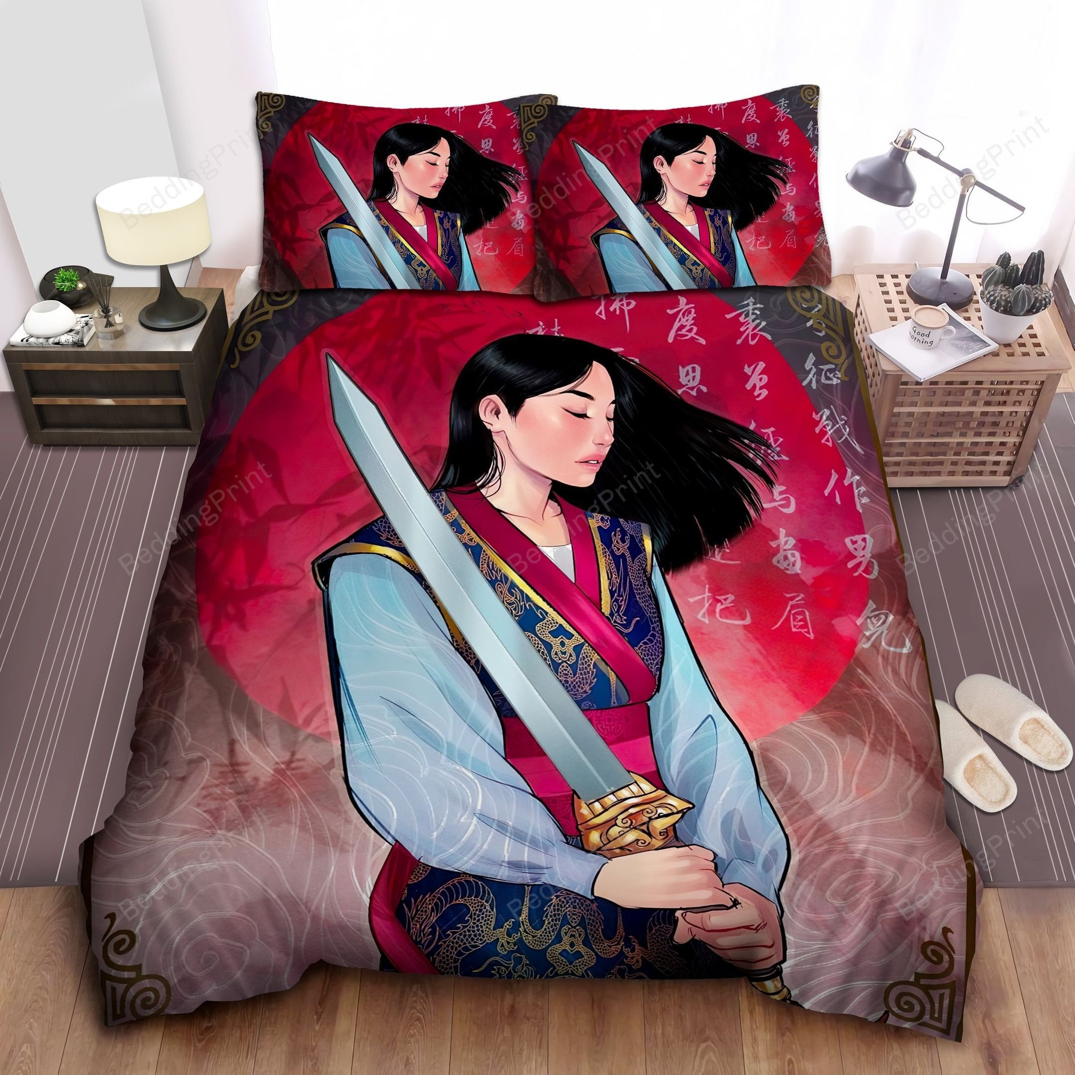 Disney Princess Mulan In Short Hair With Her Sword Bed Sheets Duvet Cover Bedding Sets