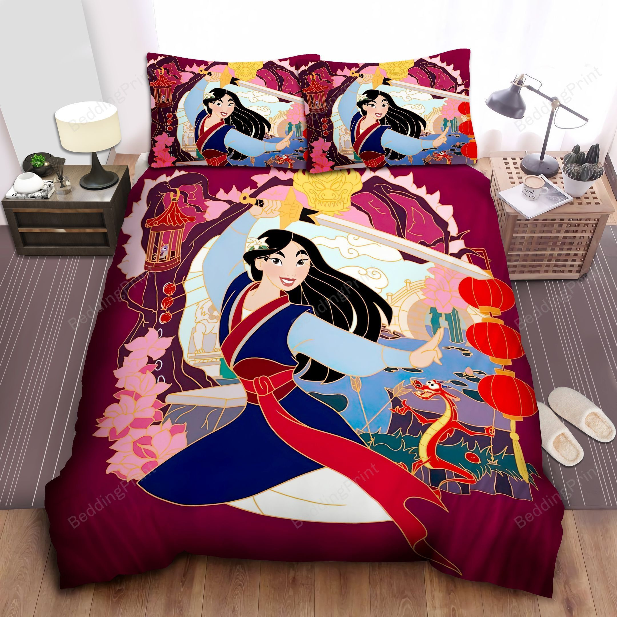 Disney Princess Mulan Mushu And Cri-Kee Illustration Bed Sheets Duvet Cover Bedding Sets