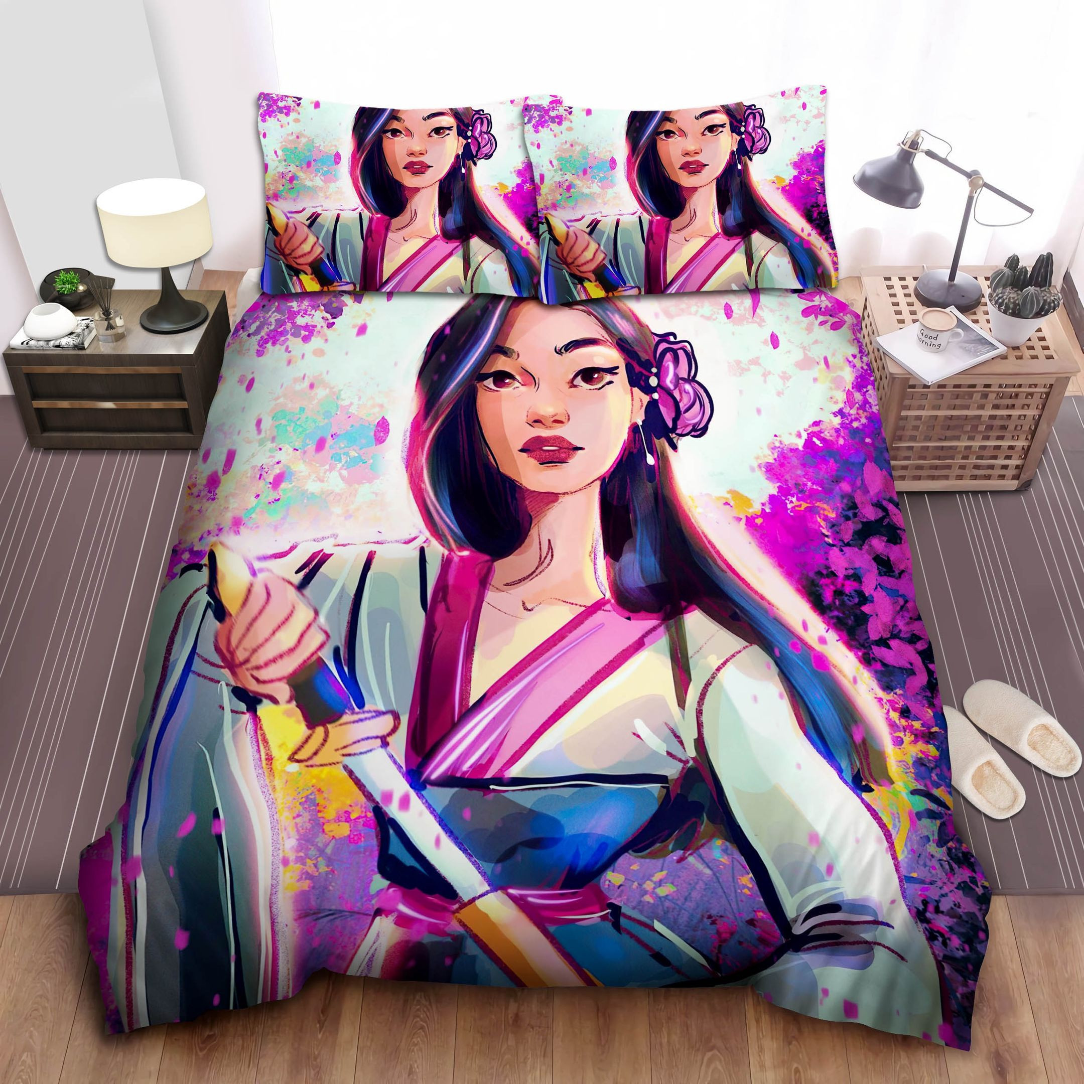 Disney Princess Mulan Taking Out Her Sword Painting Bed Sheets Duvet Cover Bedding Sets
