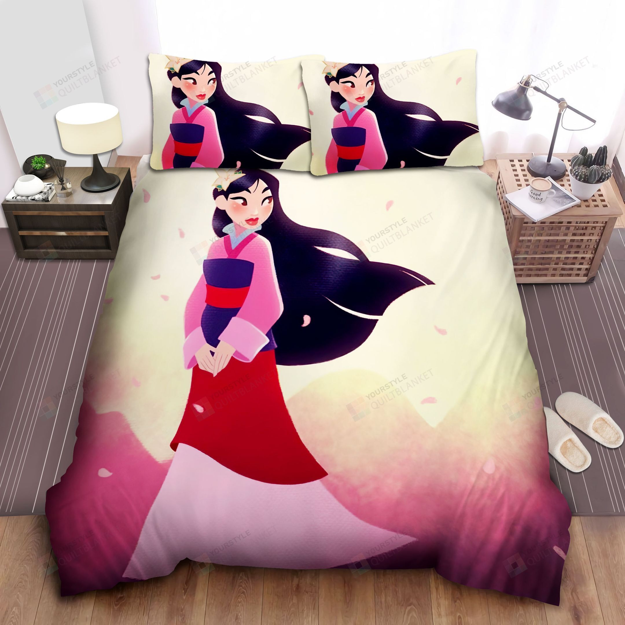 Disney Princess Mulan Wearing Hanfu Illustration Bed Sheets Spread Comforter Duvet Cover Bedding Sets