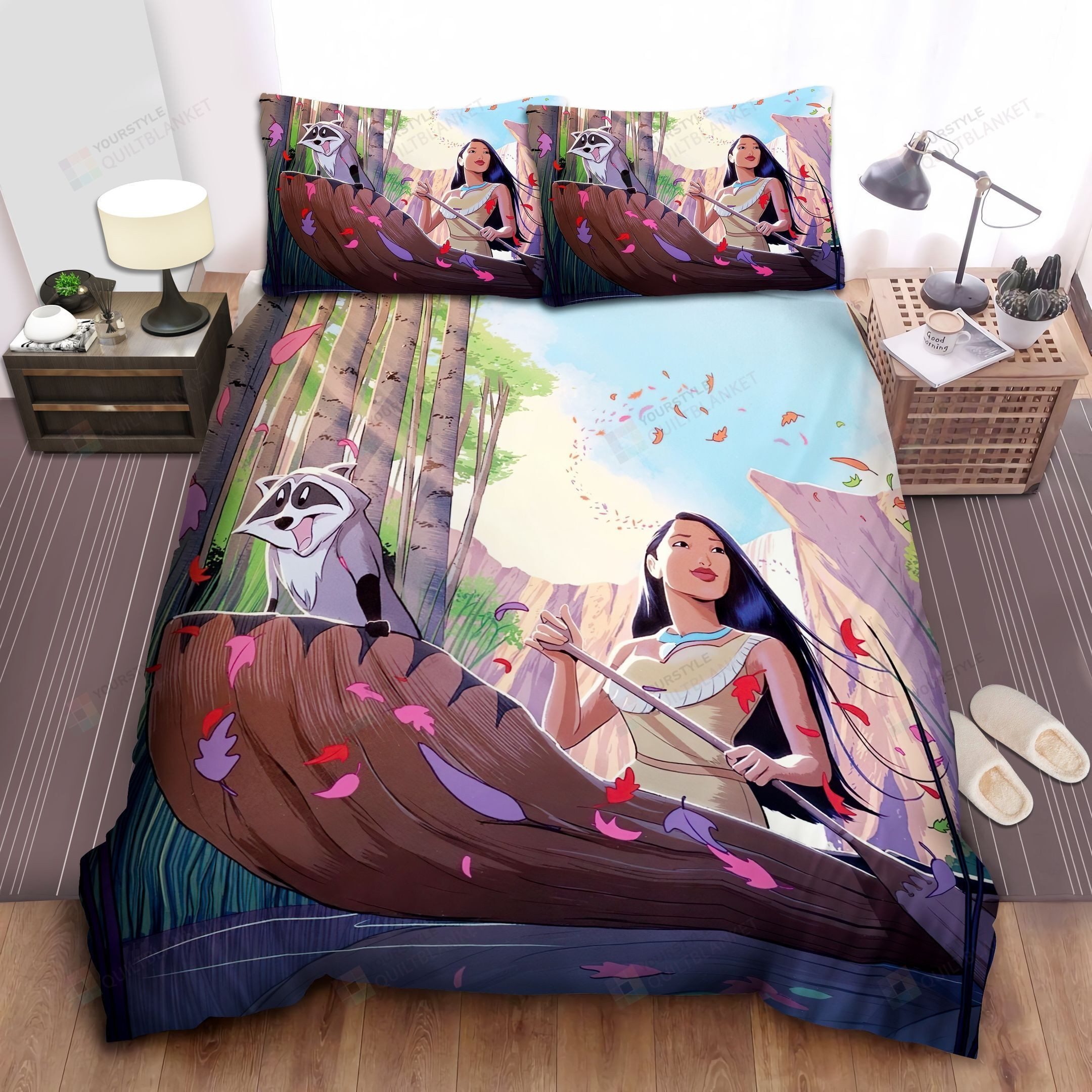 Disney Princess Pocahontas & Meeko Rowing In Stream Illustration Bed Sheet Spread Comforter Duvet Cover Bedding Sets