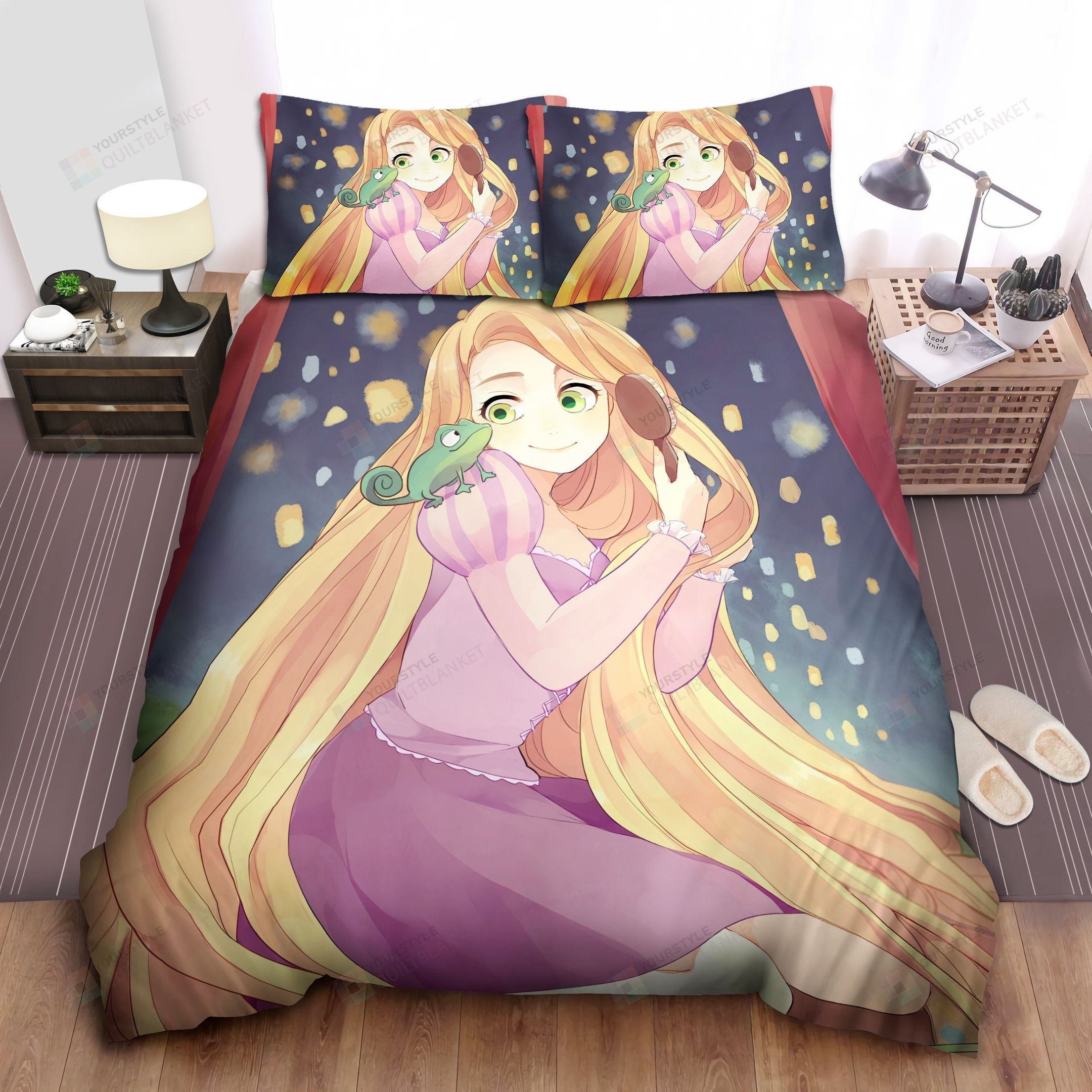 Disney Princess Rapunzel Brushing Her Hair In Anime Style Bed Sheet Spread Comforter Duvet Cover Bedding Sets