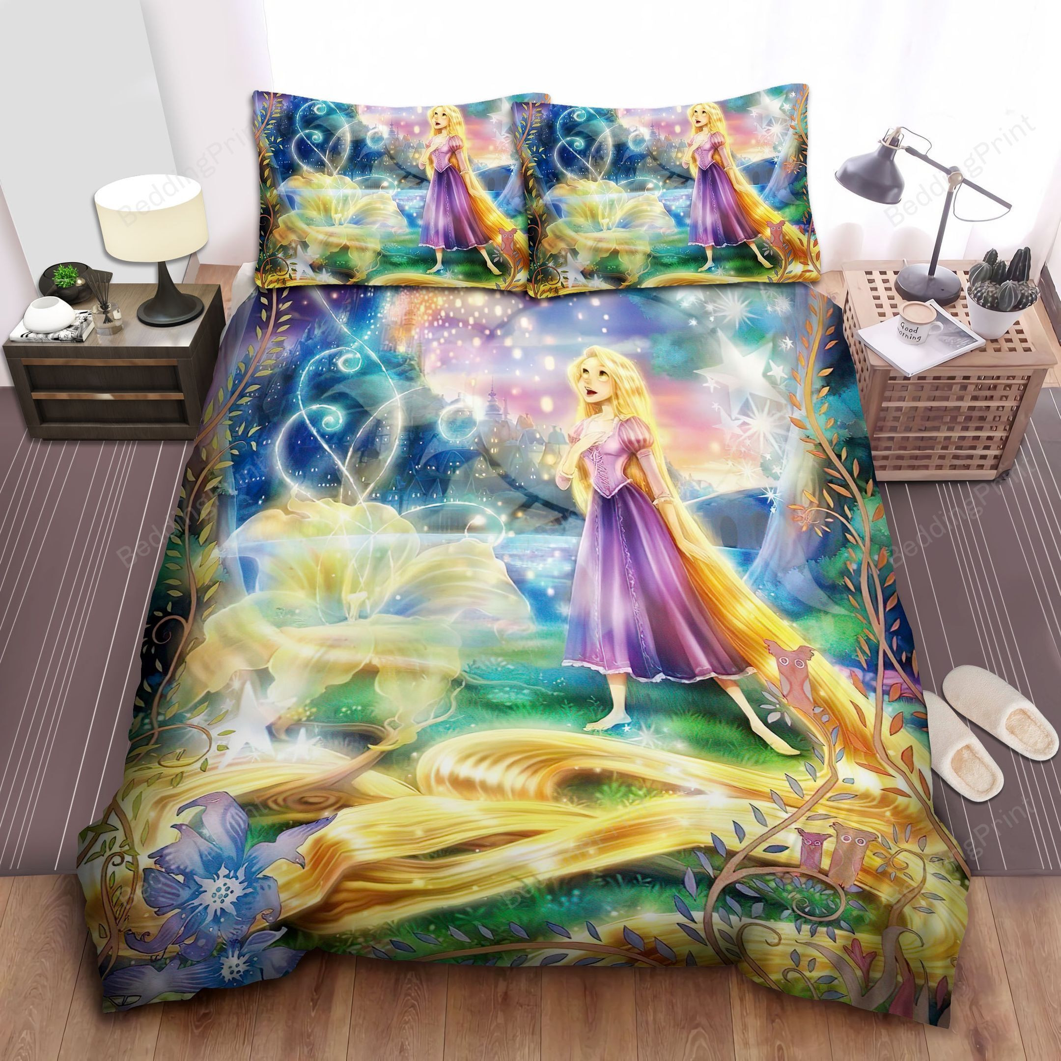 Disney Princess Rapunzel Singing In Sparkling Starry Night Bed Sheet Duvet Cover Bedding Sets