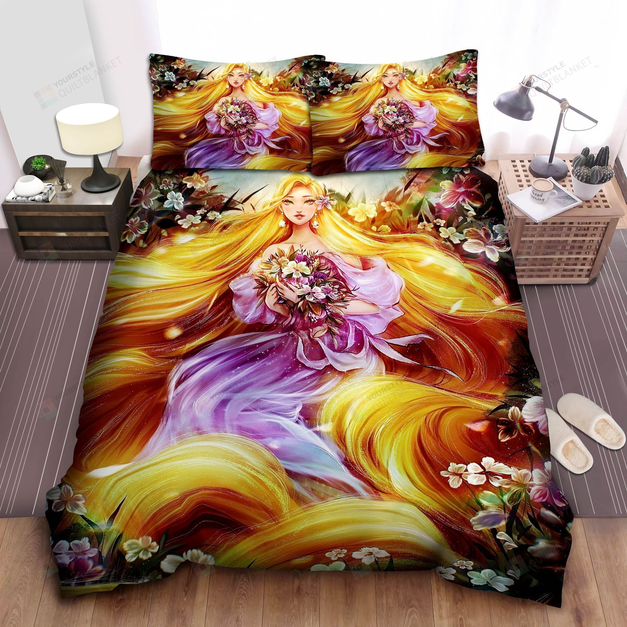 Disney Princess Rapunzel With Her Enchanting Hair And Flowers Bed Sheet Spread Comforter Duvet Cover Bedding Sets