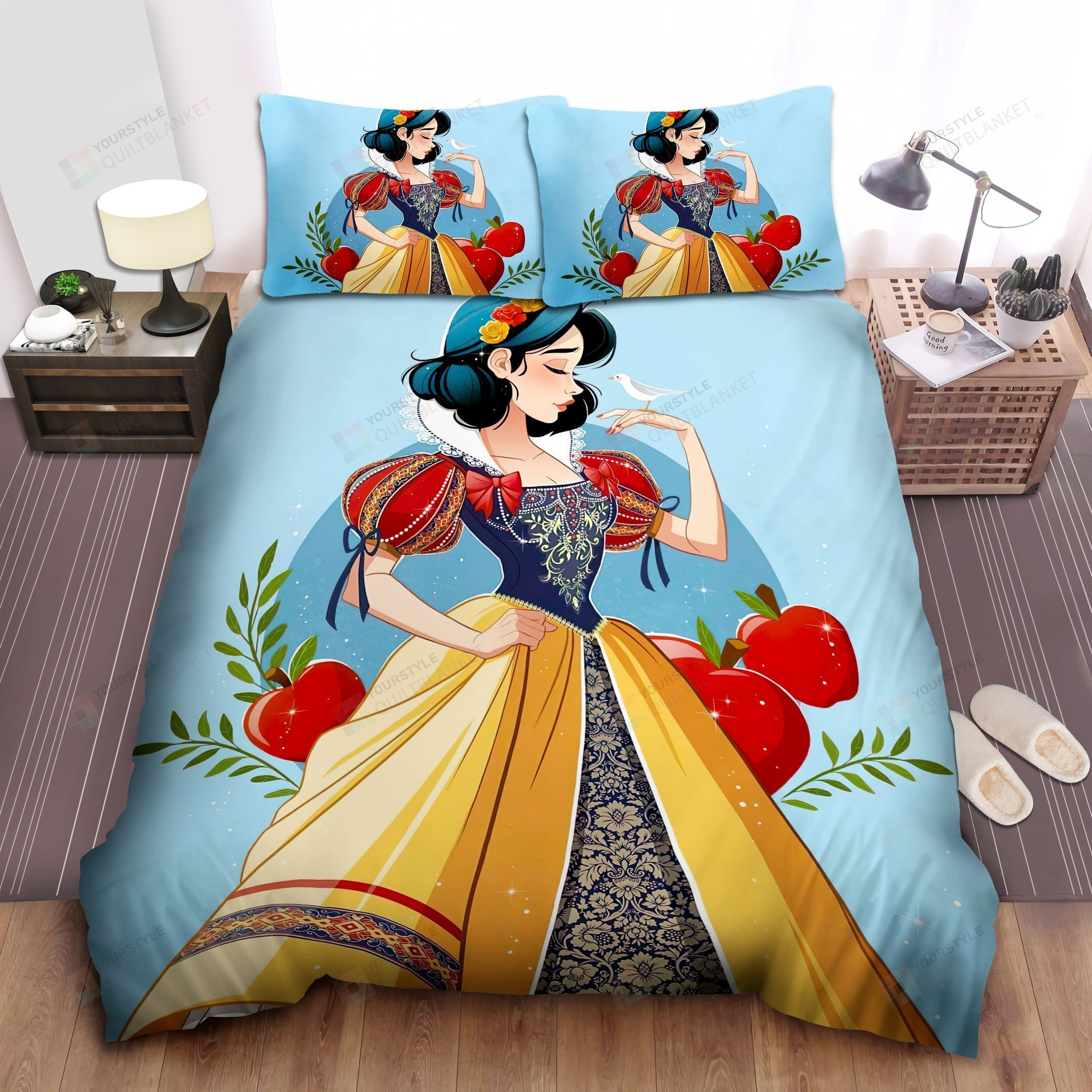 Disney Princess Snow White In Royal Dress And Apples Illustration Bed Sheet Spread Comforter Duvet Cover Bedding Sets