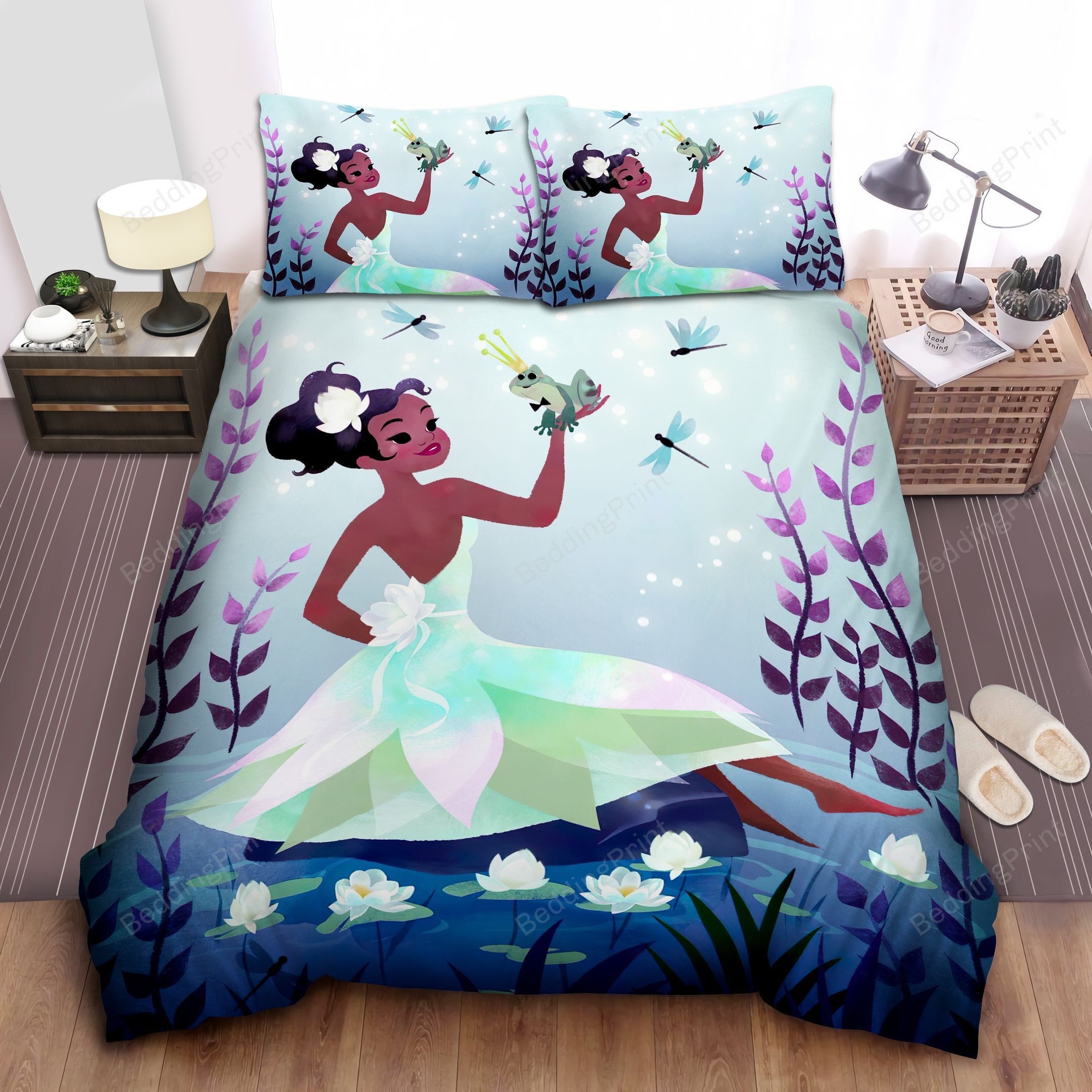 Disney Princess Tiana And The Frog Prince Artwork Bed Sheet Duvet Cover Bedding Sets